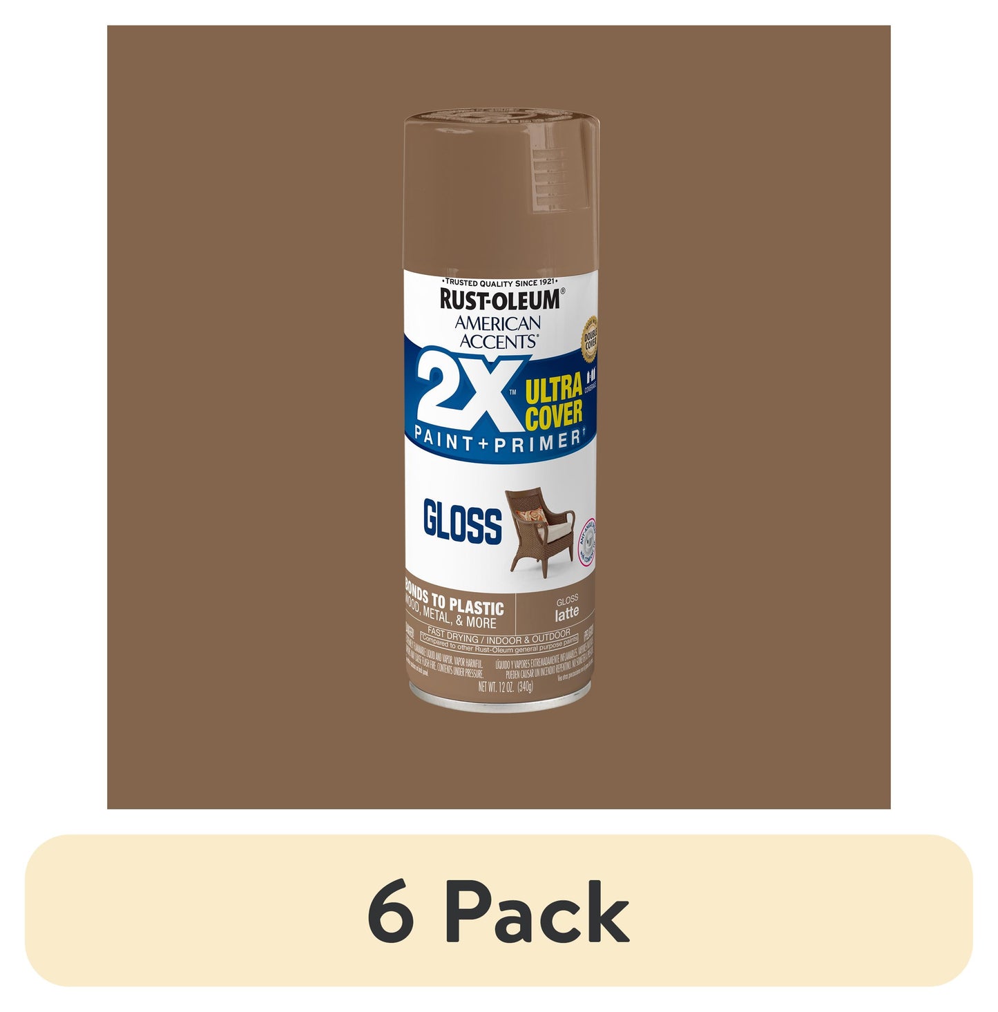 (6 pack) Latte, Rust-Oleum American Accents 2X Ultra Cover Gloss Spray Paint-383198, 12 oz