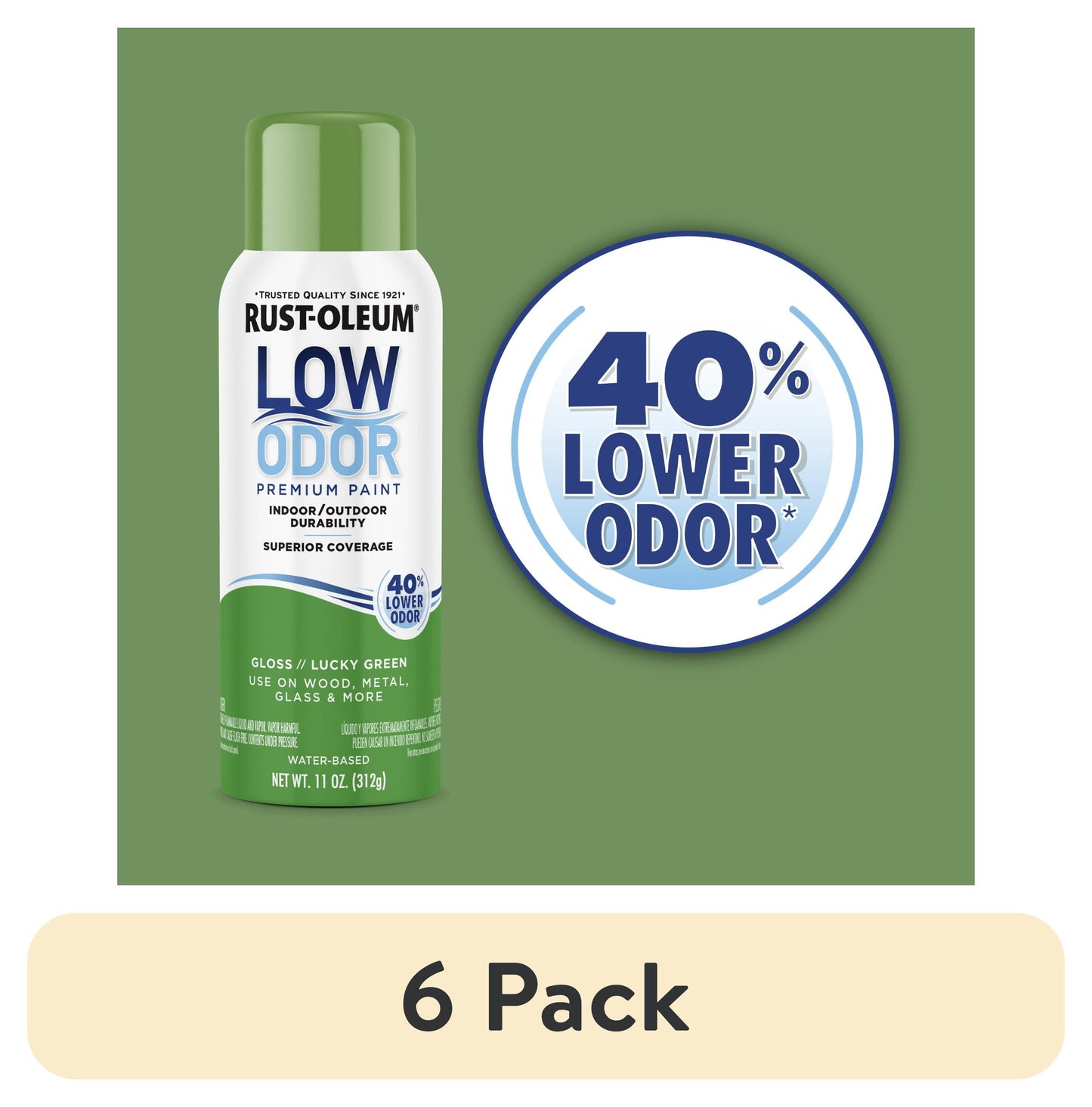 (6 pack) Lucky Green, Rust-Oleum Low Odor Premium Gloss Spray Paint-388270, 11 oz