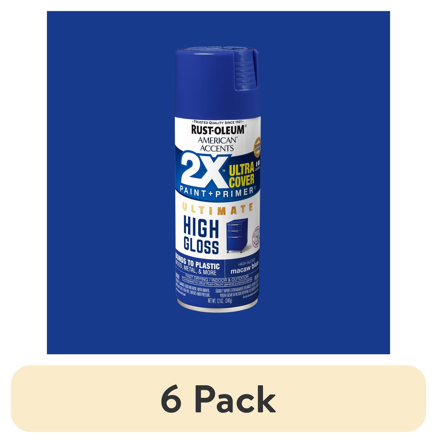 (6 pack) Macaw Blue, Rust-Oleum American Accents 2X Ultra Cover High Gloss Spray Paint-344689, 12 oz