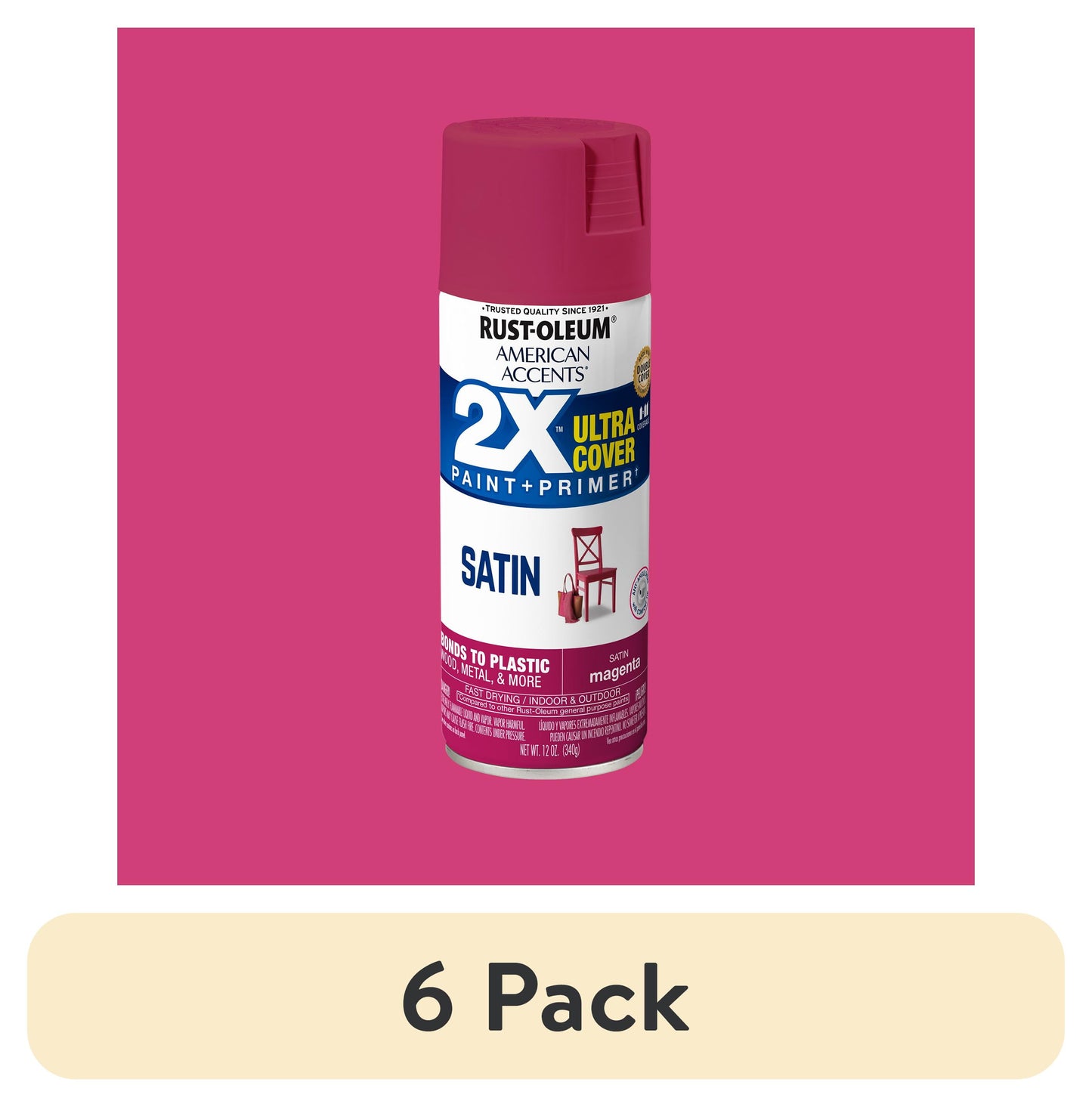 (6 pack) Magenta, Rust-Oleum American Accents 2X Ultra Cover Satin Spray Paint-327949, 12 oz