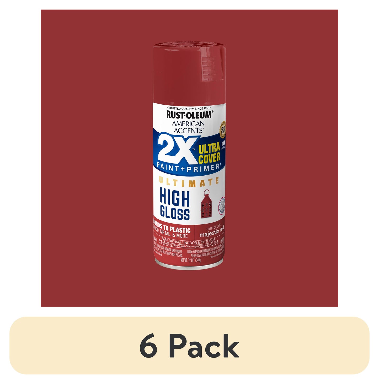 (6 pack) Majestic Red, Rust-Oleum American Accents 2X Ultra High Gloss Spray Paint-371767, 12 oz