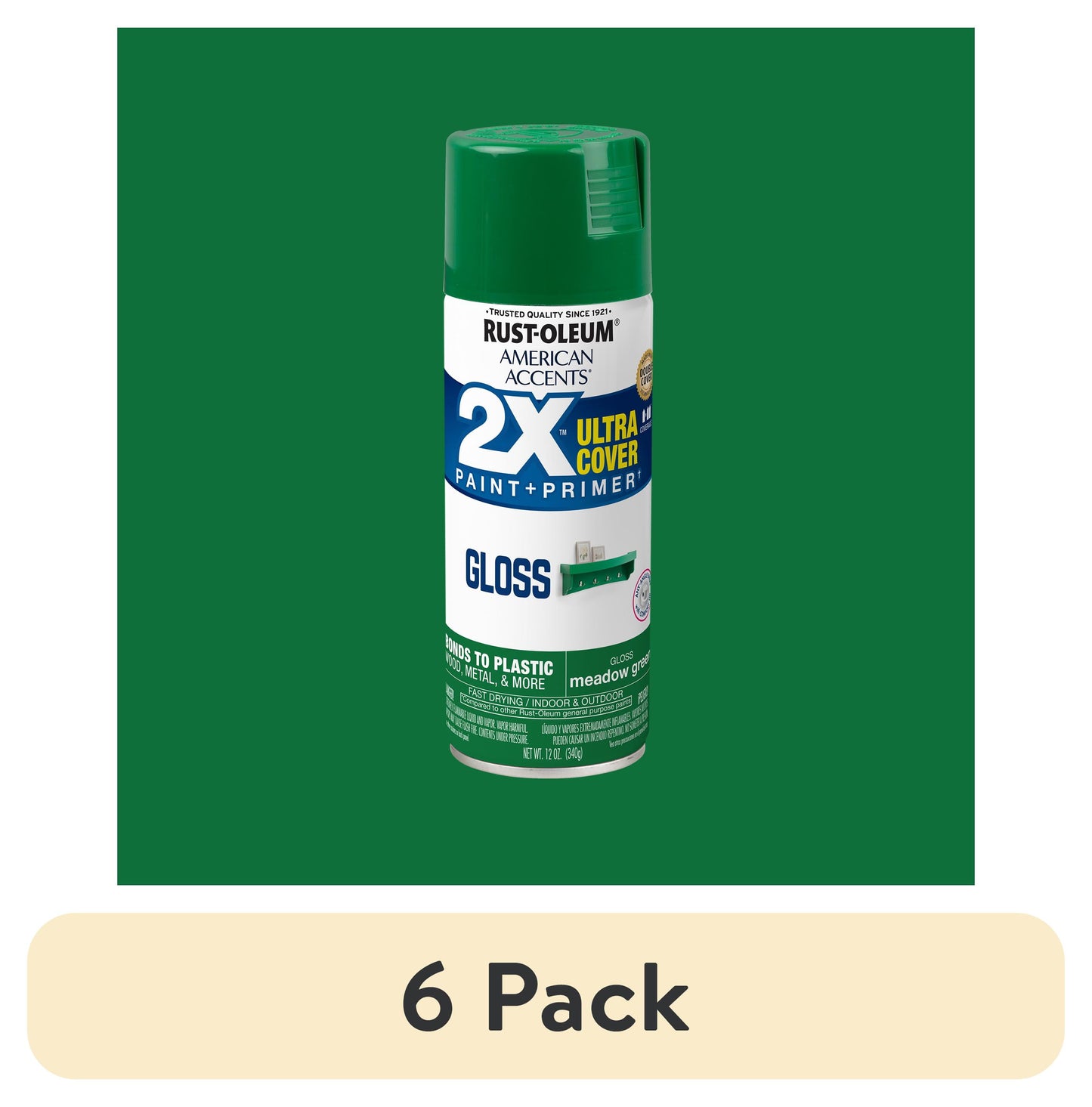 (6 pack) Verde Pradera, Rust-Oleum American Accents 2X Ultra Cover Pintura en Aerosol Brillante-327897, 12 oz