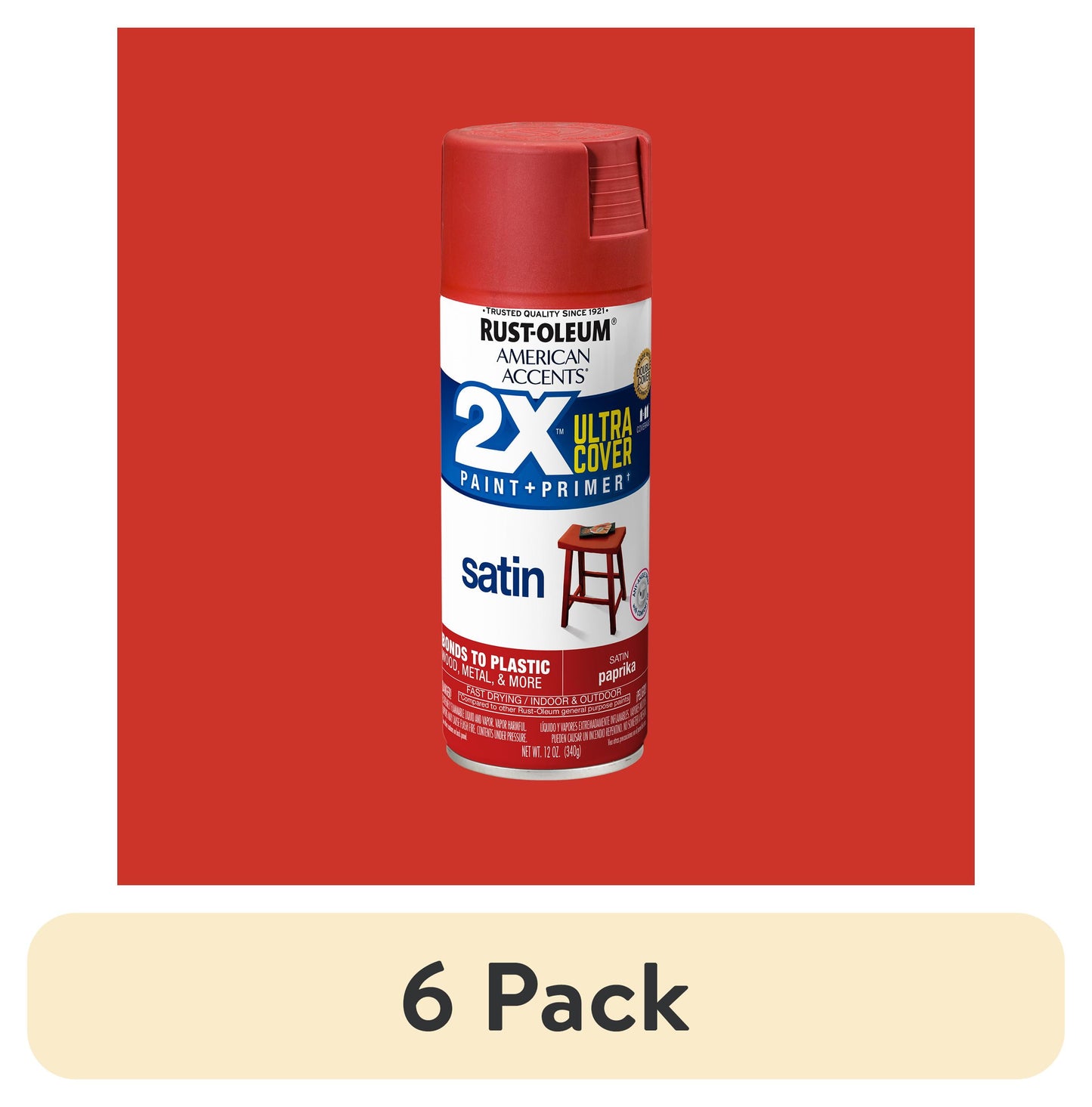 (6 pack) Paprika, Rust-Oleum American Accents 2X Ultra Cover Satin Spray Paint-366083, 12 oz