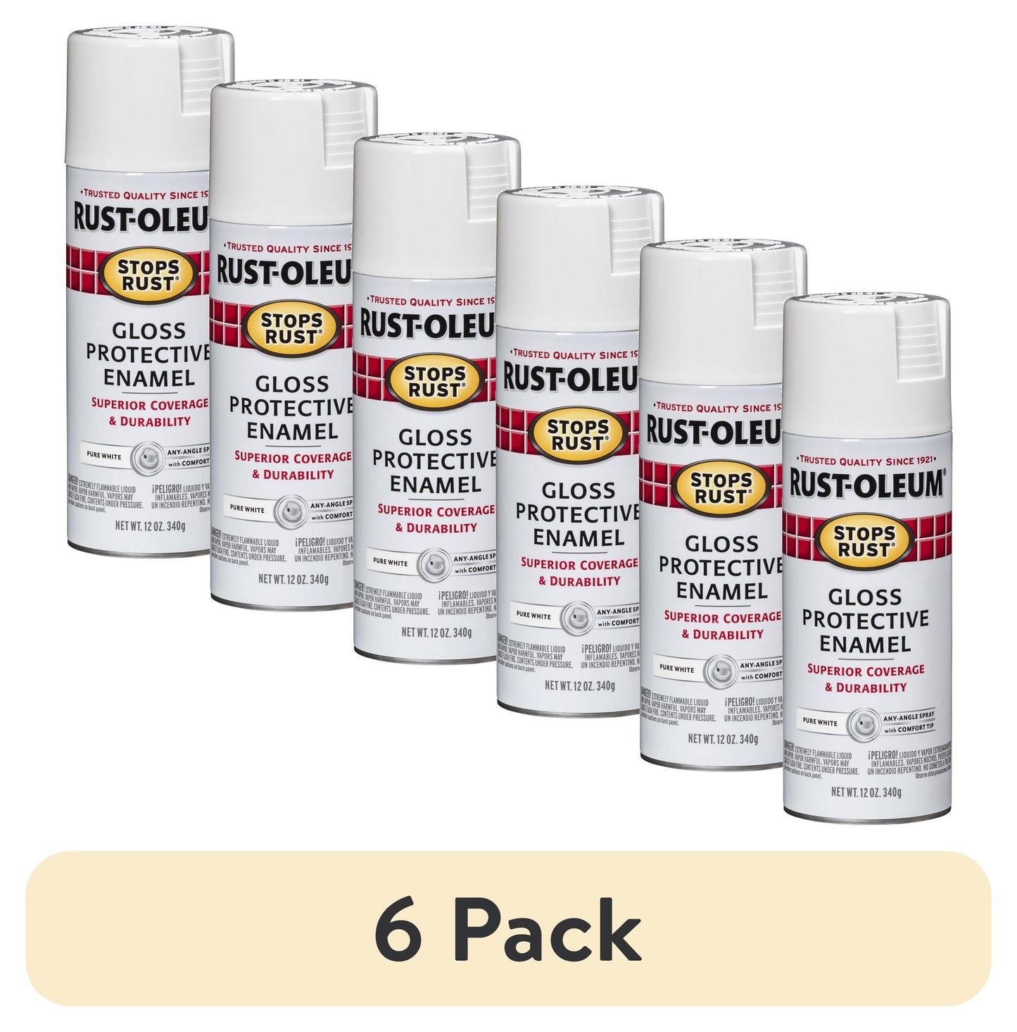 (6 pack) Pure White, Rust-Oleum Stops Rust Protective Enamel Gloss Spray Paint-250702, 12 oz