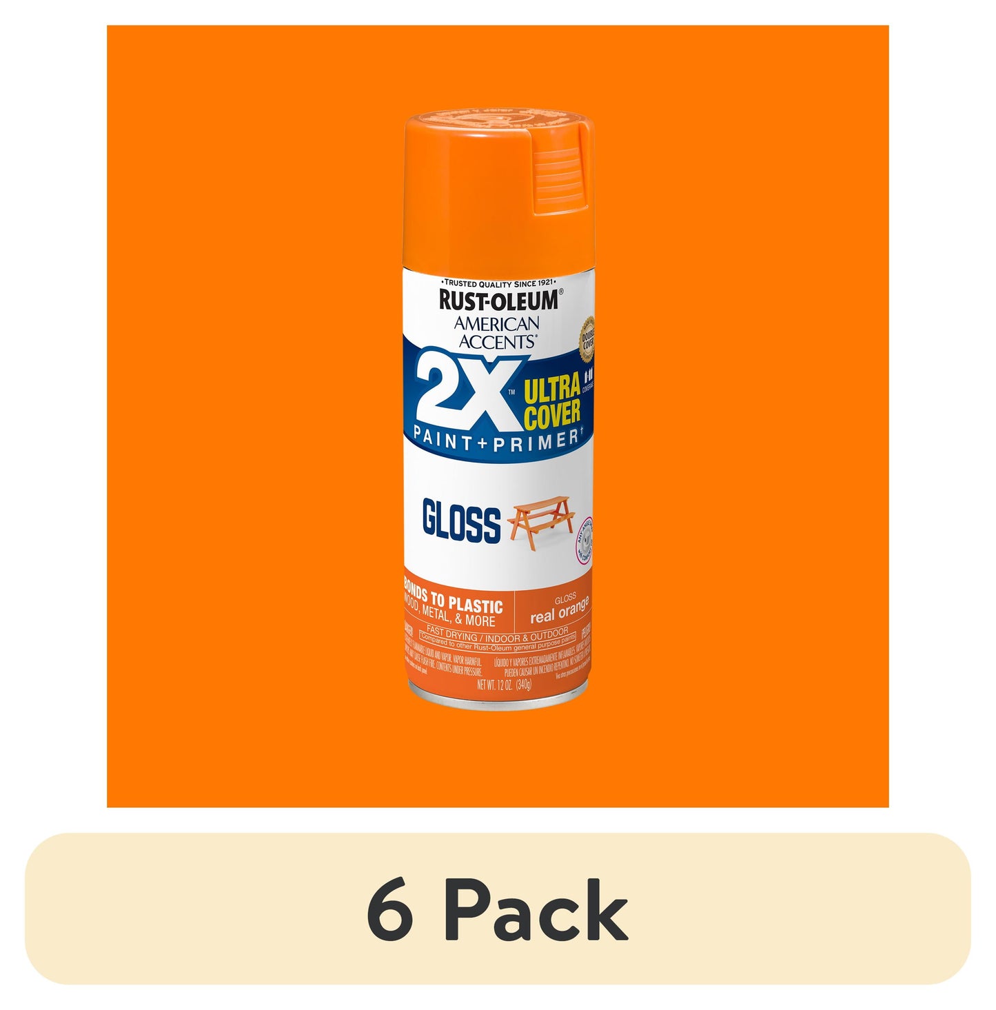 (6 pack) Naranja Real, Rust-Oleum American Accents 2X Ultra Cover Pintura en Aerosol Brillante-327873, 12 oz