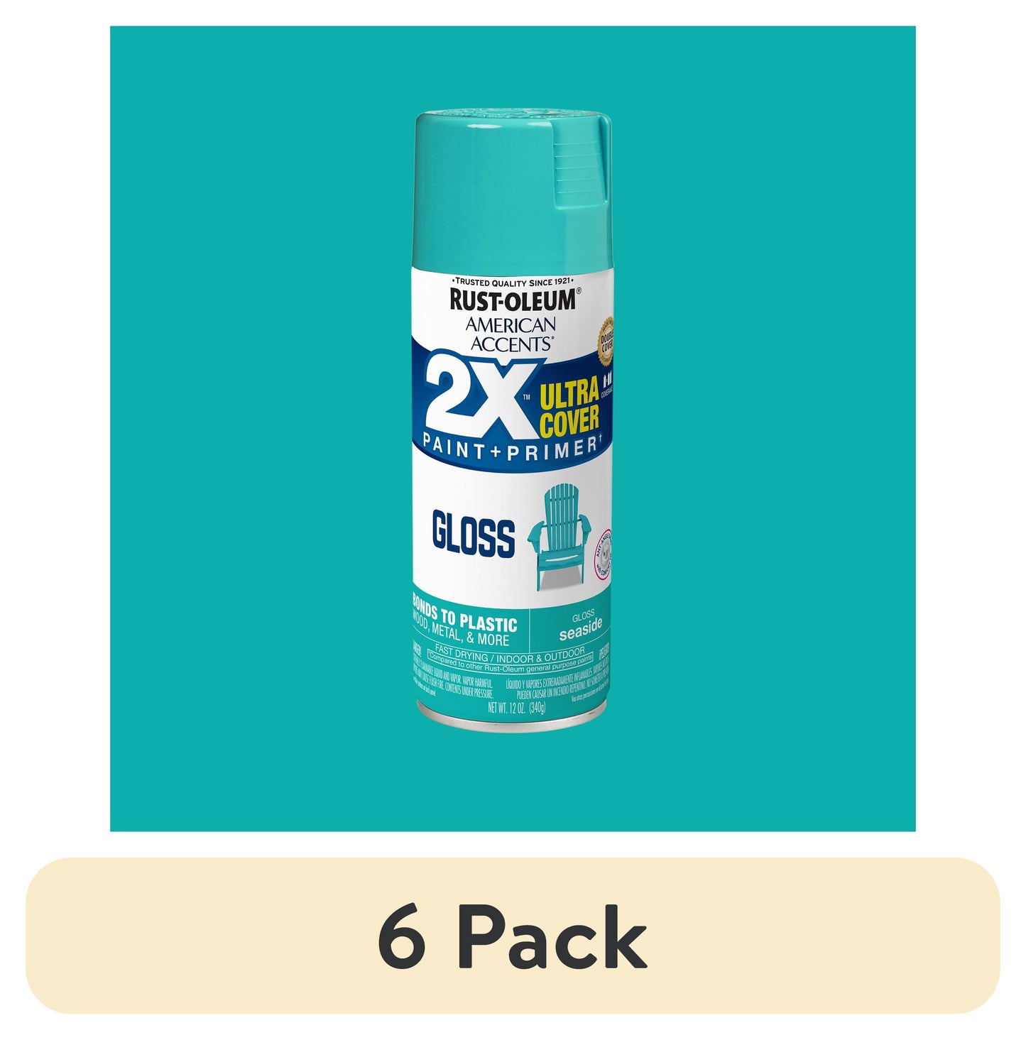 (6 pack) Seaside, Rust-Oleum American Accents 2X Ultra Cover Pintura en Aerosol Brillante-327883, 12 oz