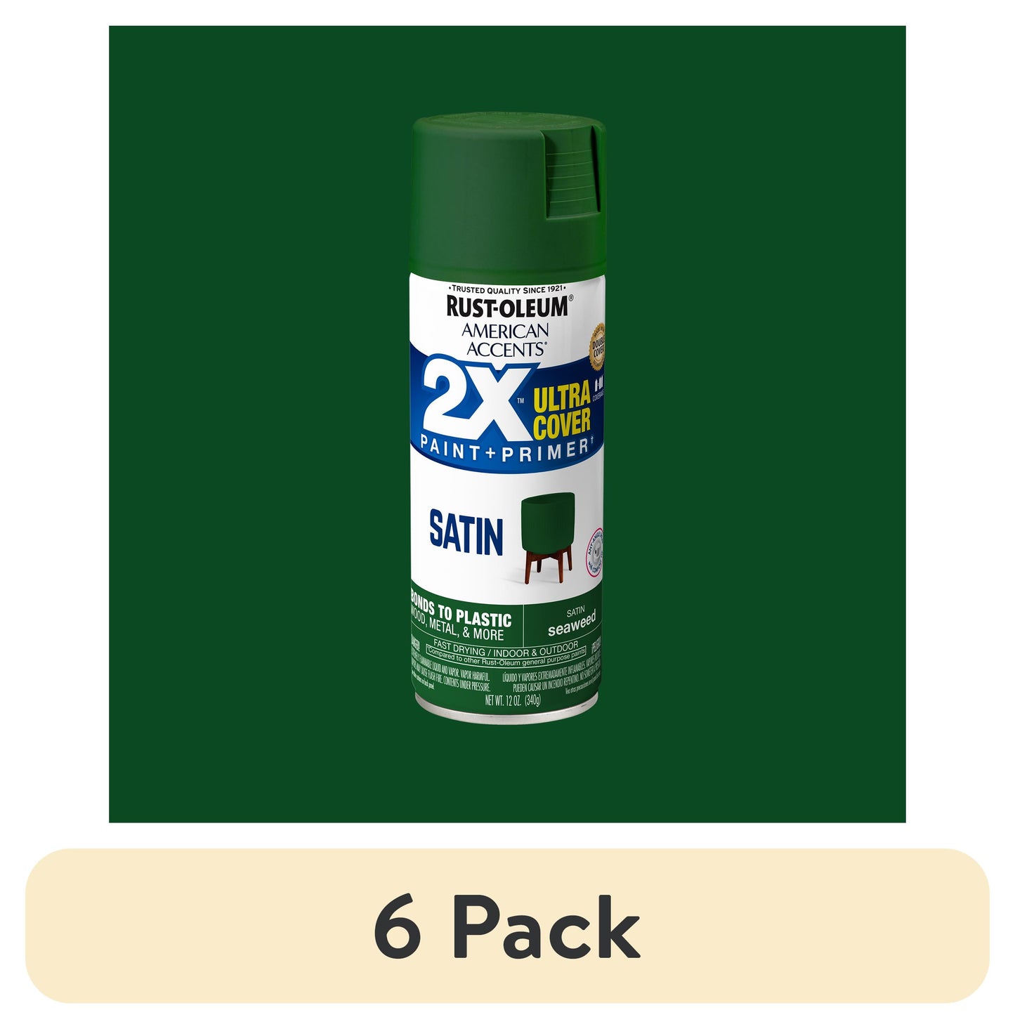 (6 pack) Alga Marina, Rust-Oleum American Accents 2X Ultra Cover Pintura en Aerosol Satinada-383195, 12 oz