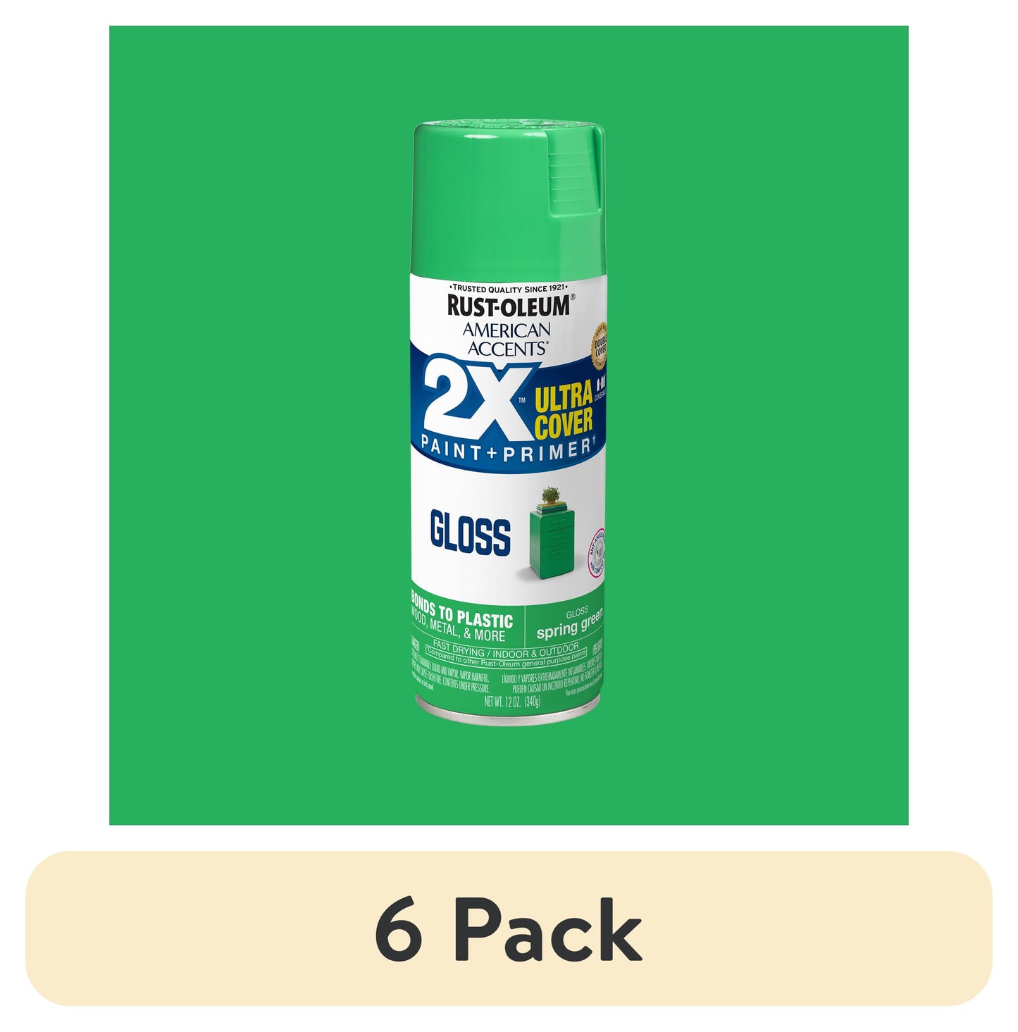 (6 pack) Spring Green, Rust-Oleum American Accents 2X Ultra Cover Gloss Spray Paint-327888, 12 oz