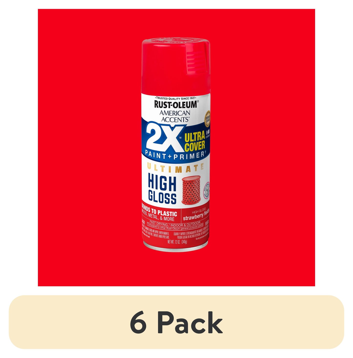 (6 pack) Strawberry Fields, Rust-Oleum American Accents Ultra Cover 2X Ultimate High Gloss Spray Paint-328395, 12 oz