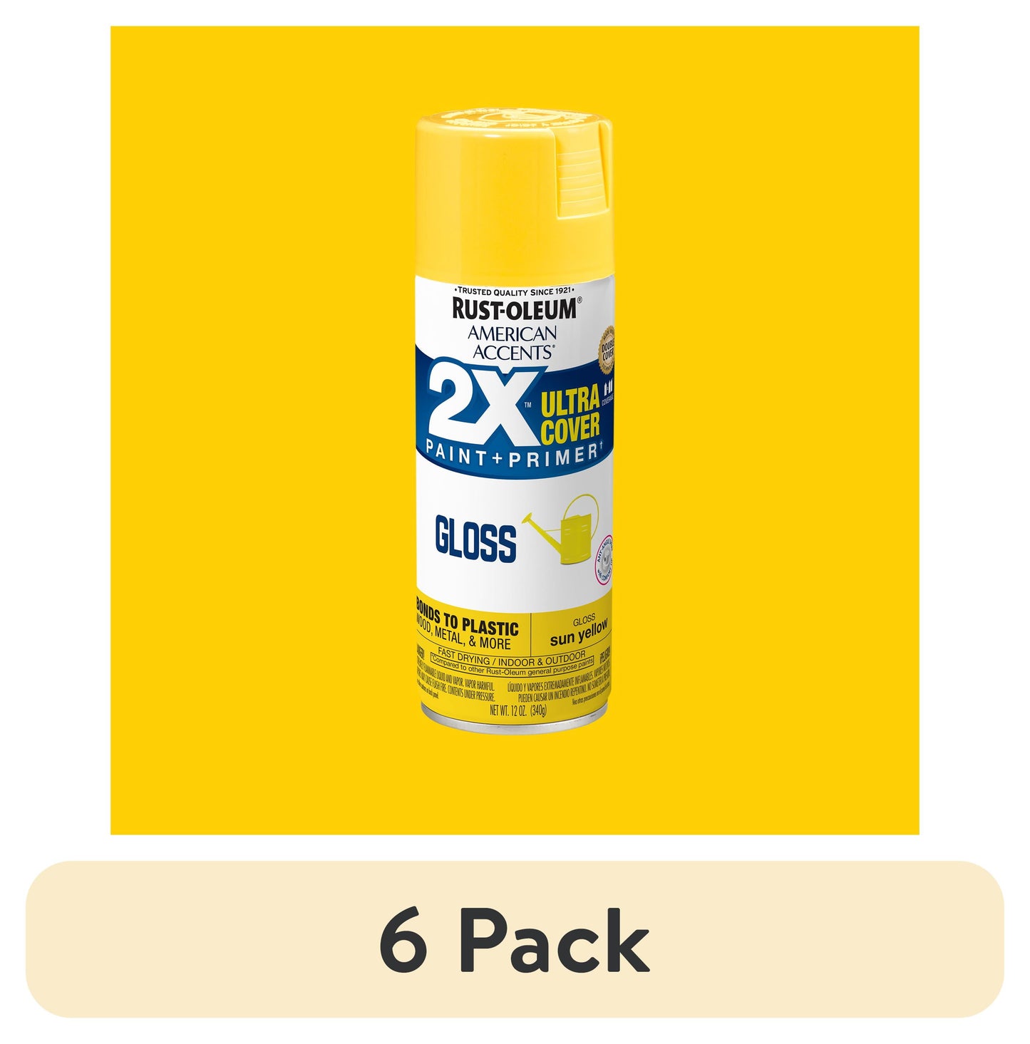 (6 pack) Sun Yellow, Rust-Oleum American Accents 2X Ultra Cover Gloss Spray Paint-327880, 12 oz