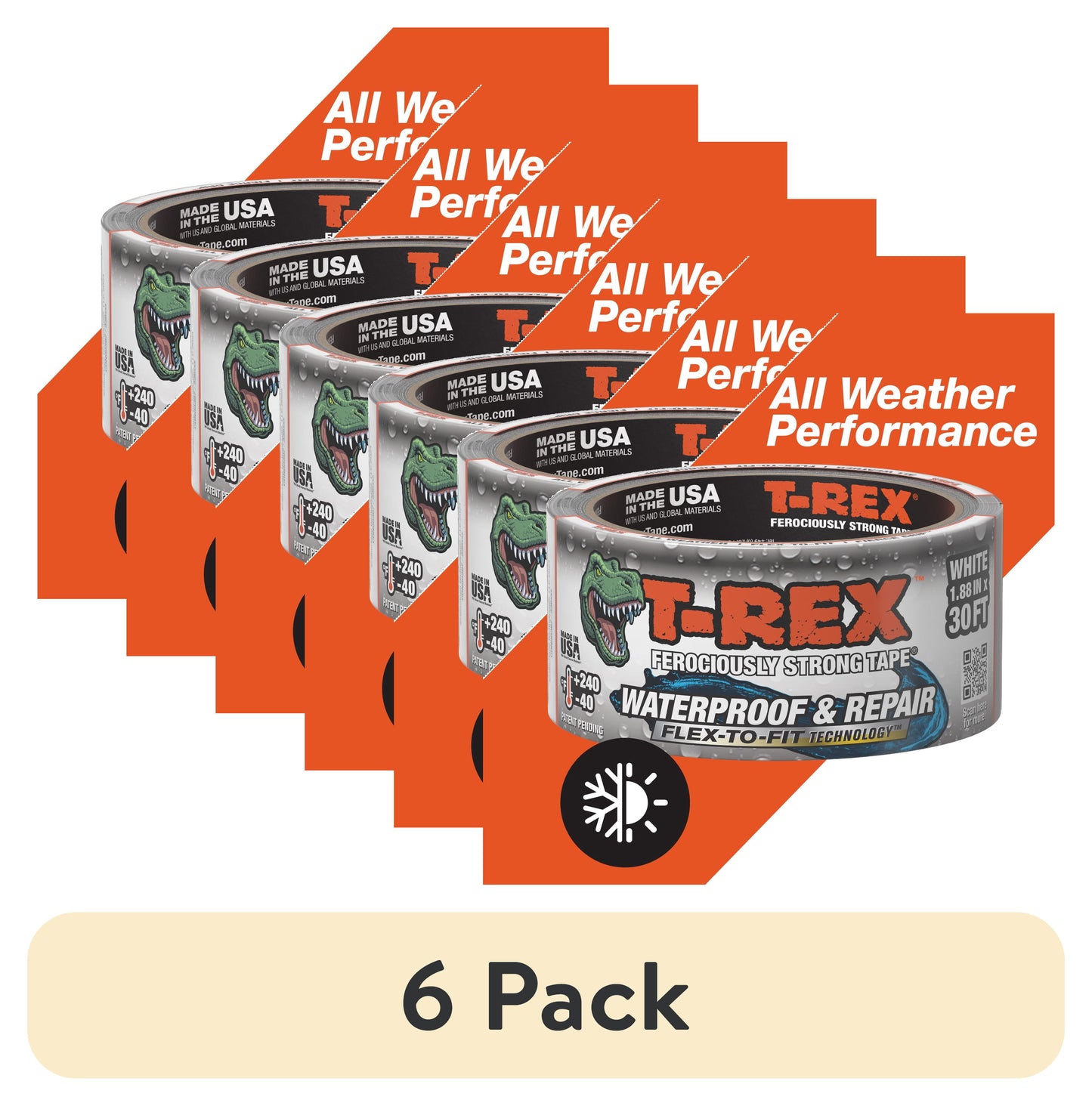 (6 pack) T-Rex Ferociously Strong White Waterproof and Repair Tape 1.88 in x 10 yd