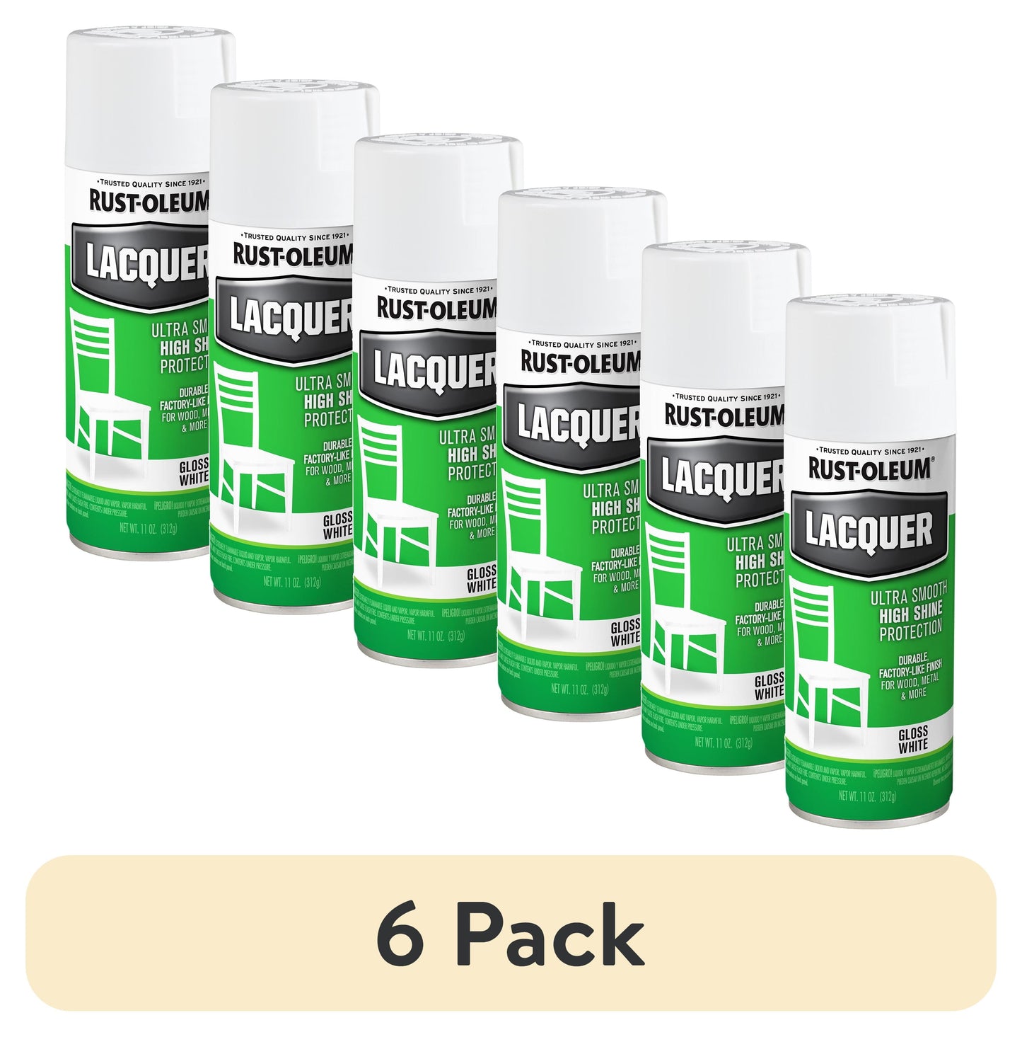 (6 pack) White, Rust-Oleum Gloss Lacquer Spray Paint-1904830, 12 oz