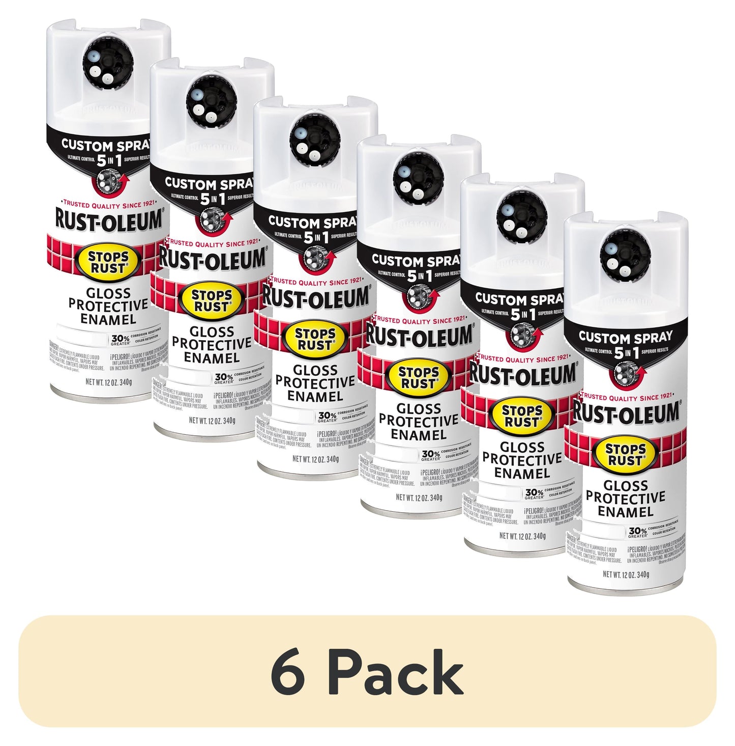 (6 pack) White, Rust-Oleum Stops Rust Custom Sprays 5 in 1 Gloss Spray Paint-376886, 12 oz