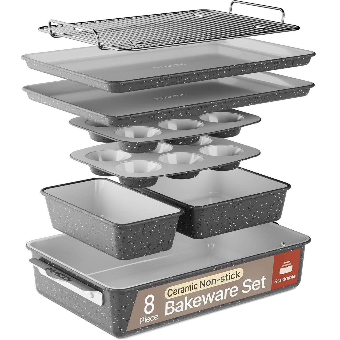 Juego de ReposterÃa Apilable de 8 Piezas - Acero Aluminizado con Recubrimiento Cerámico Antiadherente, Horneado Saludable, Asas Ergonómicas, Rejilla de Enfriamiento, No Tóxico, Apto para Horno, Calidad Duradera