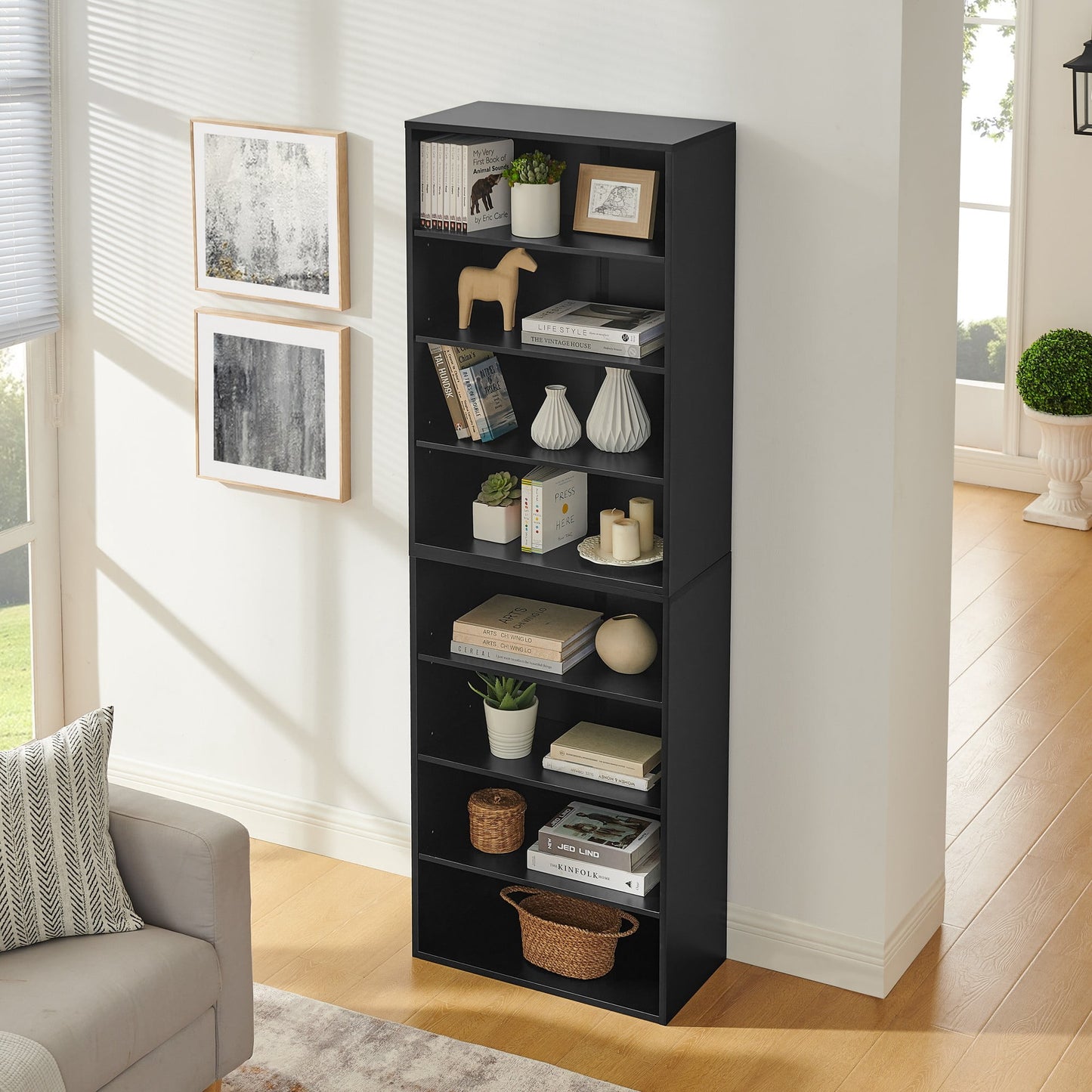 8-Tier Bookcase with Adjustable Shelves,Multi-Functional Double-layer Bookcas,Disassembled Two 4-layer Storage Bookcases for Home Office Living Room,Black