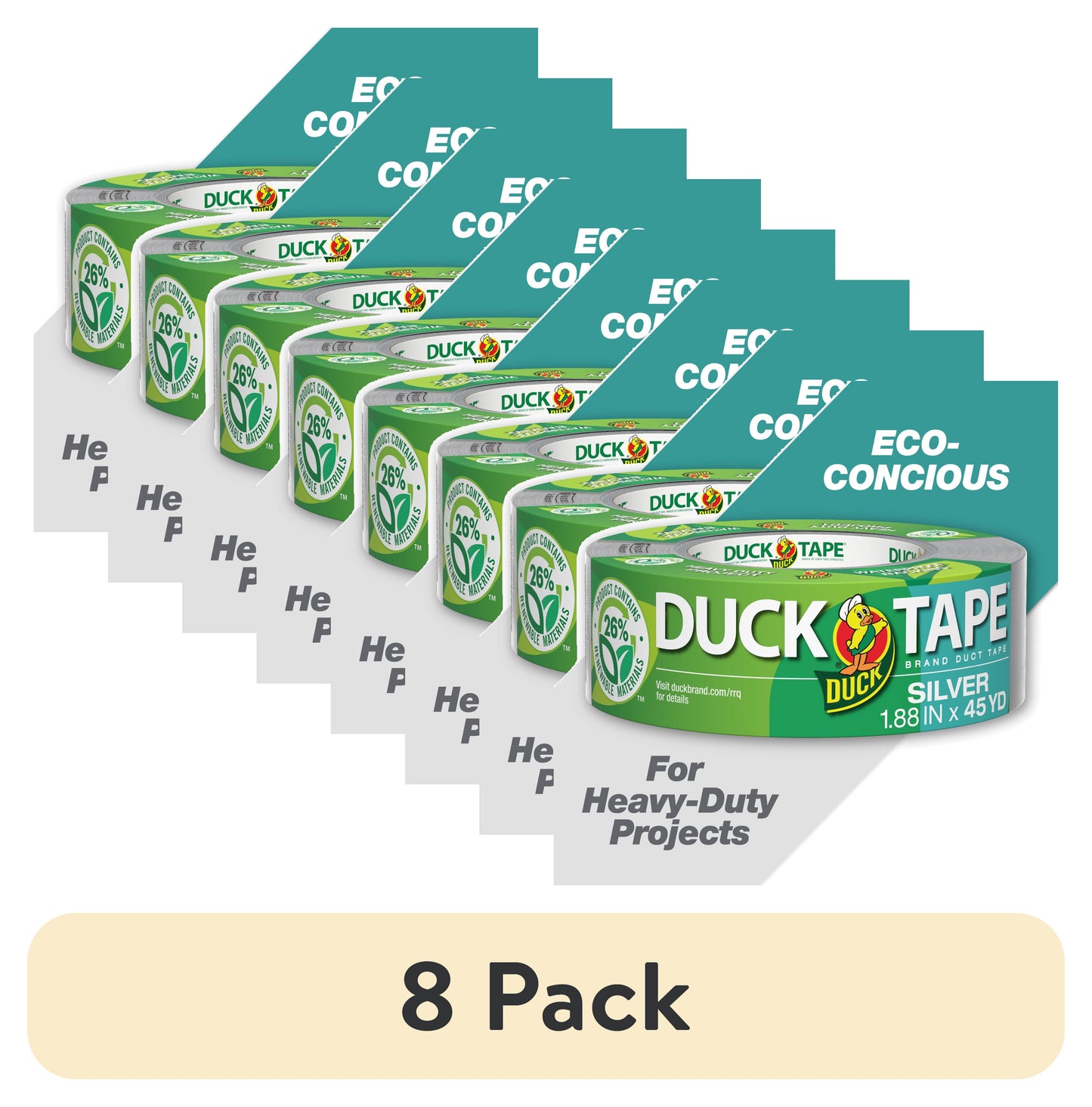 (8 pack) Duck Renewable Material Duck Tape - Silver, 1.88 in. x 45 yard