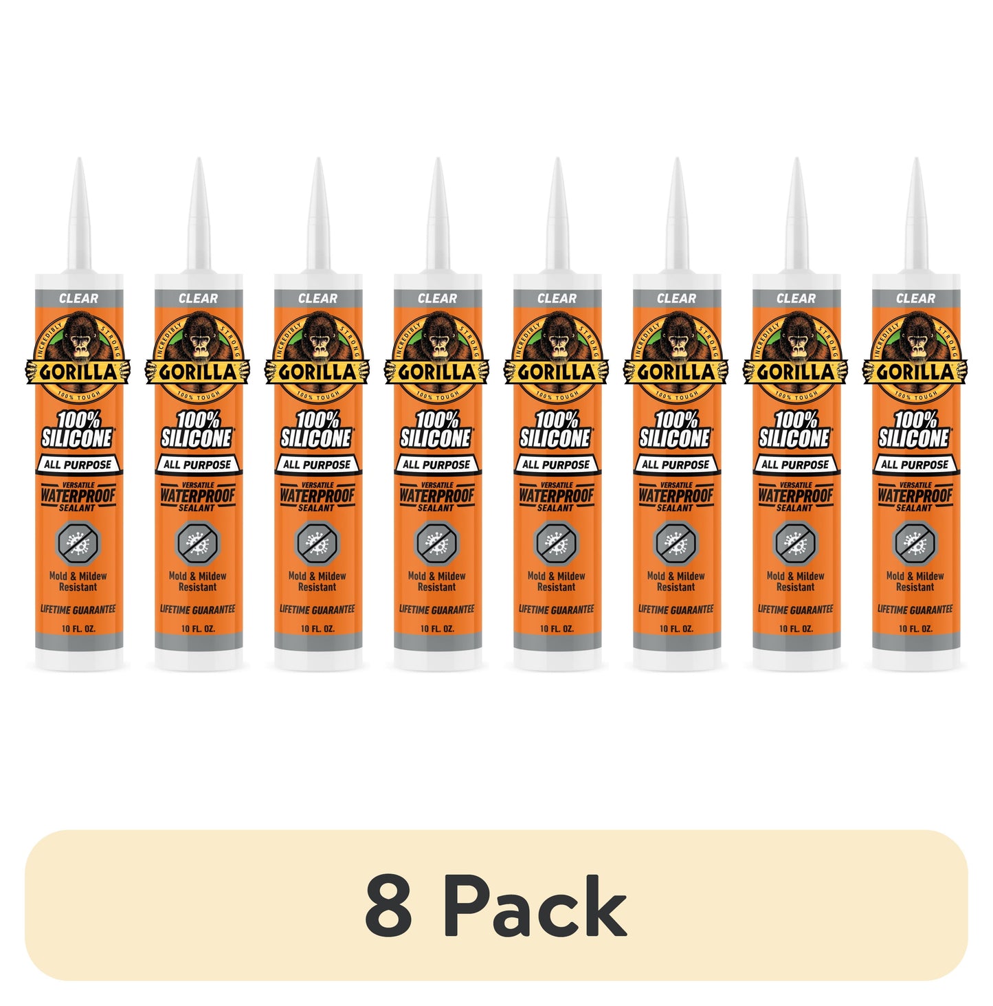 (8 pack) Gorilla Waterproof Caulk & Seal Silicone Sealant, 10oz Cartridge - Clear Caulking Sealant for Kitchen, Window, Bath, Marine, Door and More