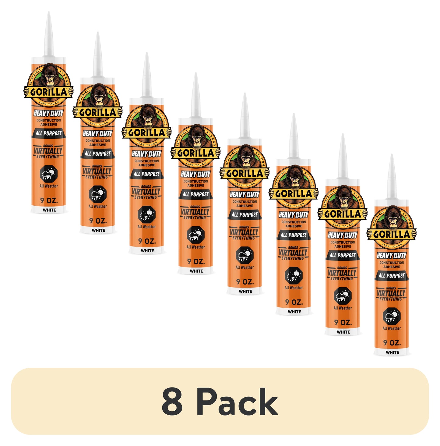 (8 pack) Gorilla Heavy Duty White Construction Adhesive, 9 oz Cartridge