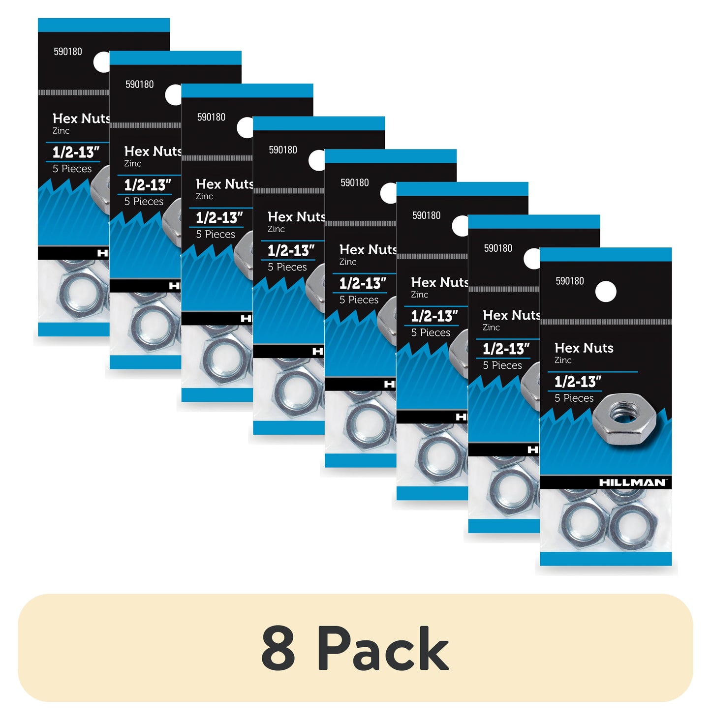 (8 pack) Hillman Hex Nuts 1/2"-13 Screw Thread, Zinc Finish, Steel, Pack of 5