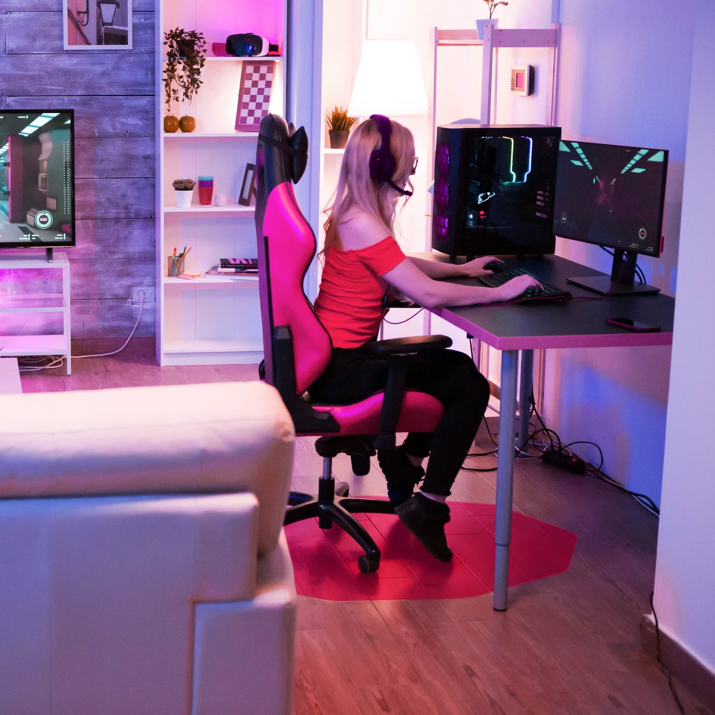 9Mat® Polycarbonate 9-Sided Pink Gaming E-Sport Chair Mat for Hard Floors - 38" x 39"