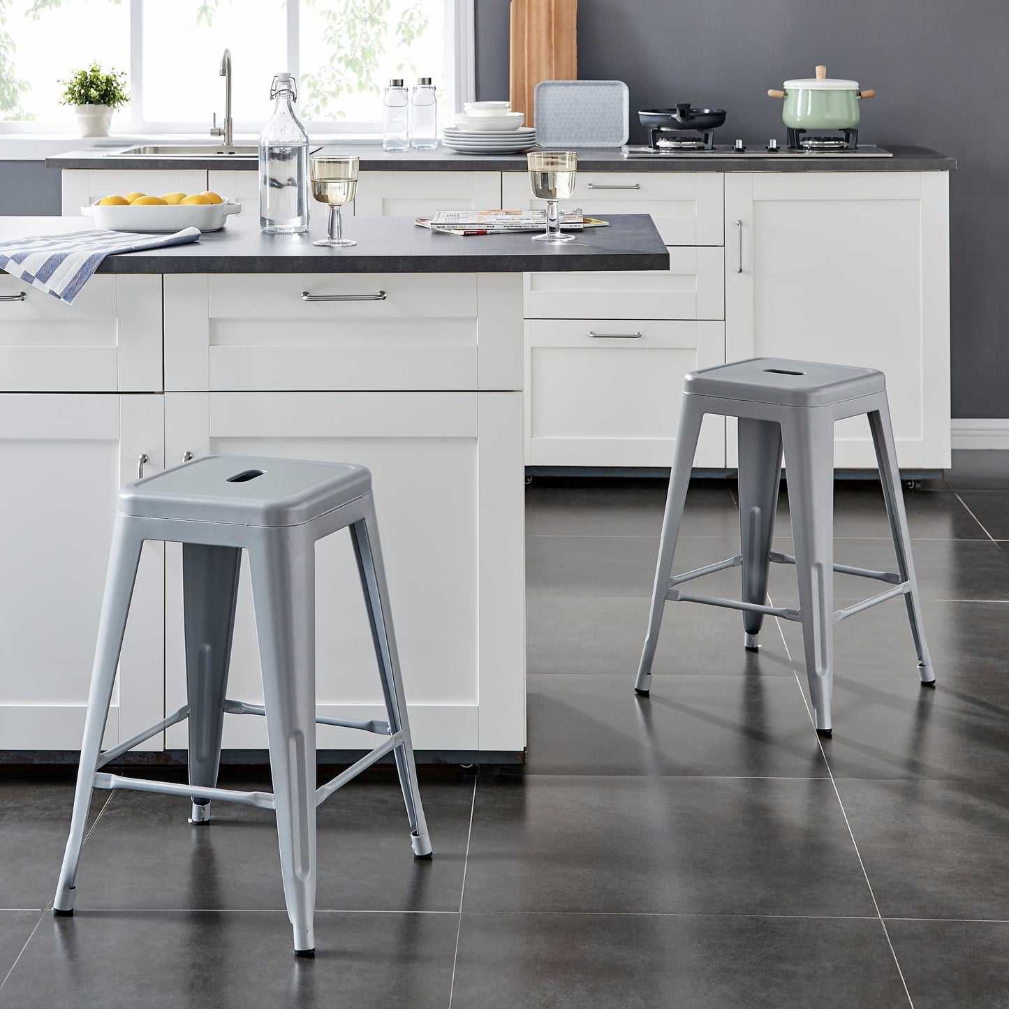 AC Pacific 24†Metal Backless Barstool Set of 2 – Country Rustic Style, Lightweight & Sturdy Build, Easy Assembly – Matte Silver