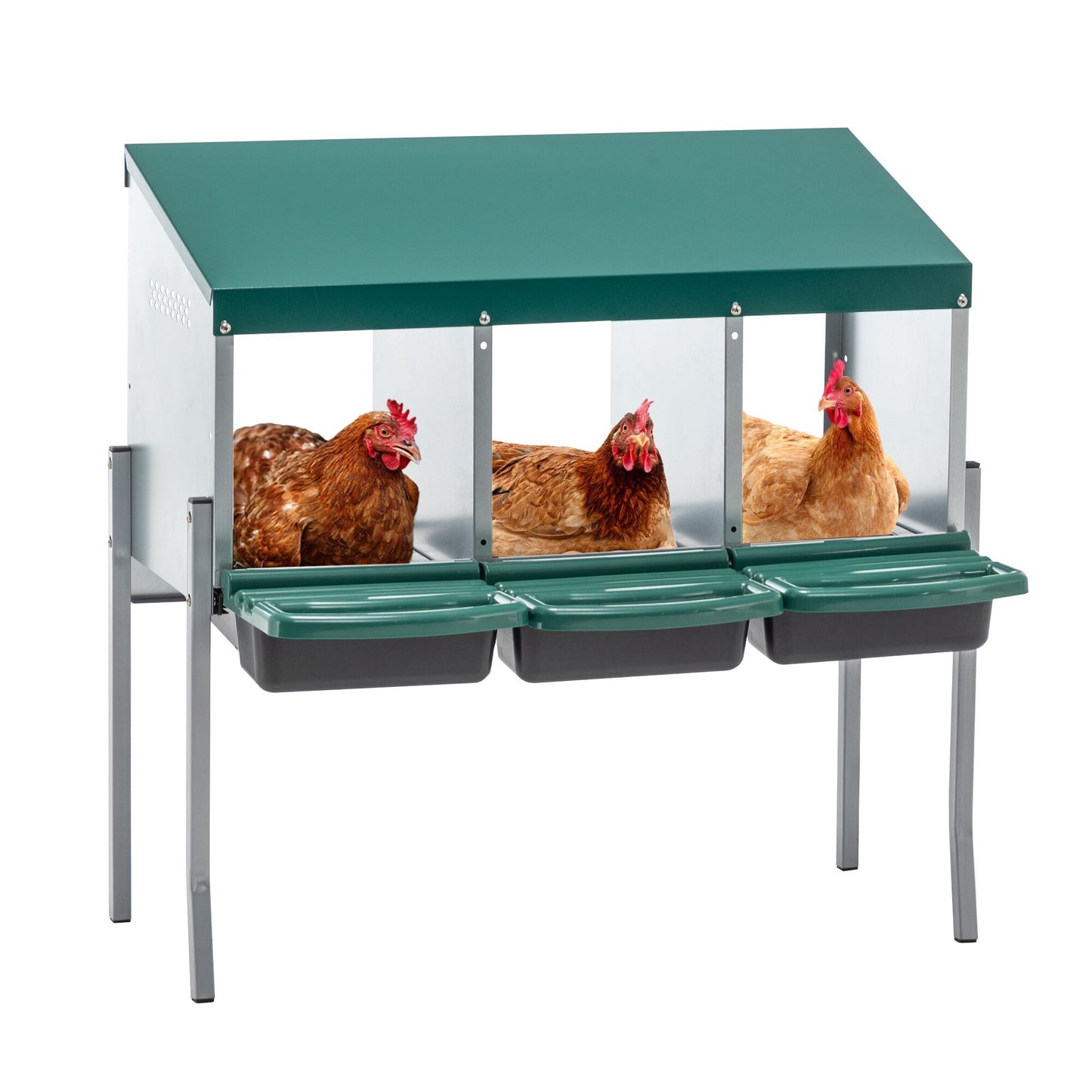 AENKYO 3-Compartment Chicken Nesting Box with Roll-Out Trays, Steel Frame, and Elevated Legs, Green