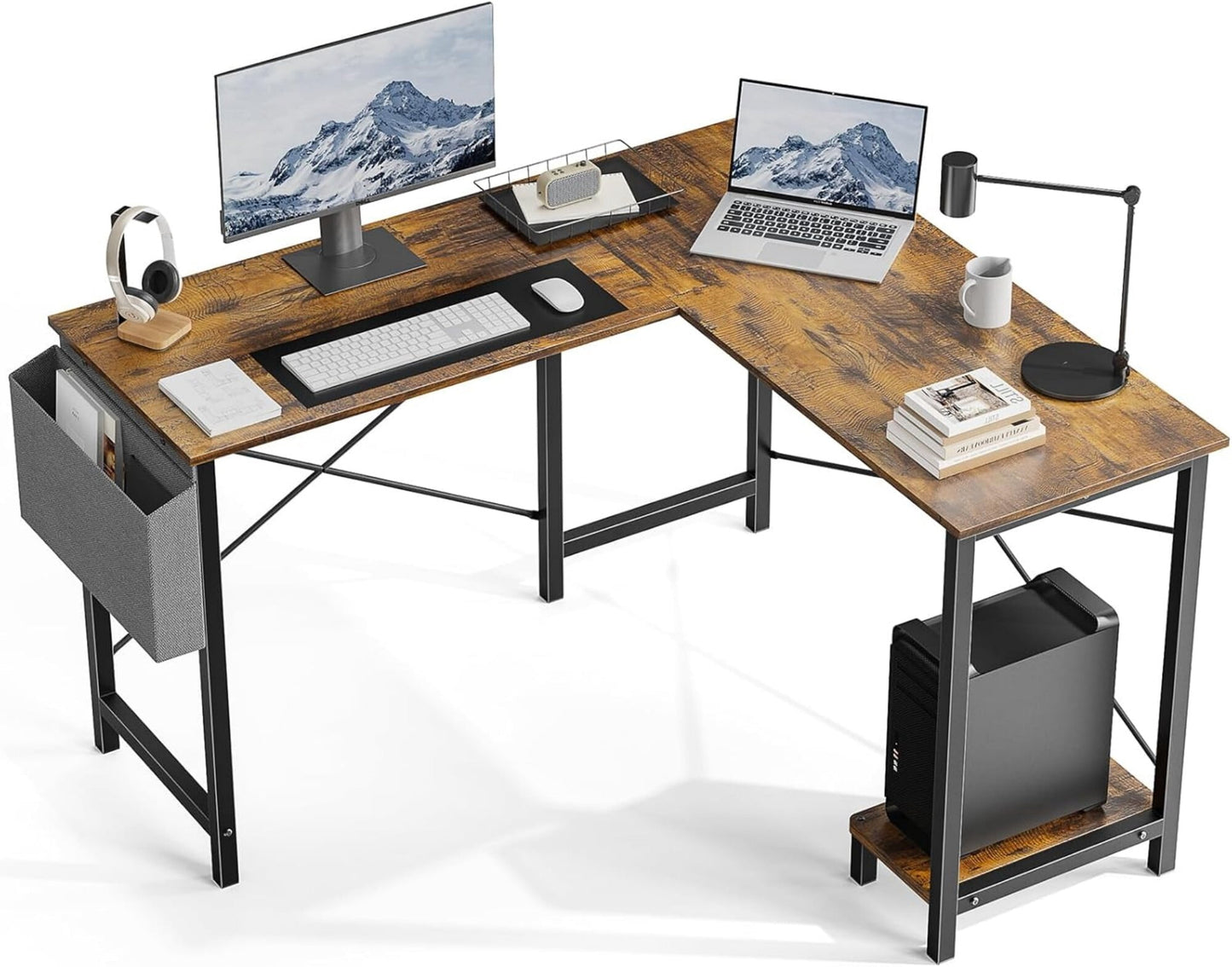 AENKYO 50" Reversible L-Shaped Computer Desk with Storage Bag & CPU Stand, Corner Desk for Home Office or Gaming, Rustic Brown