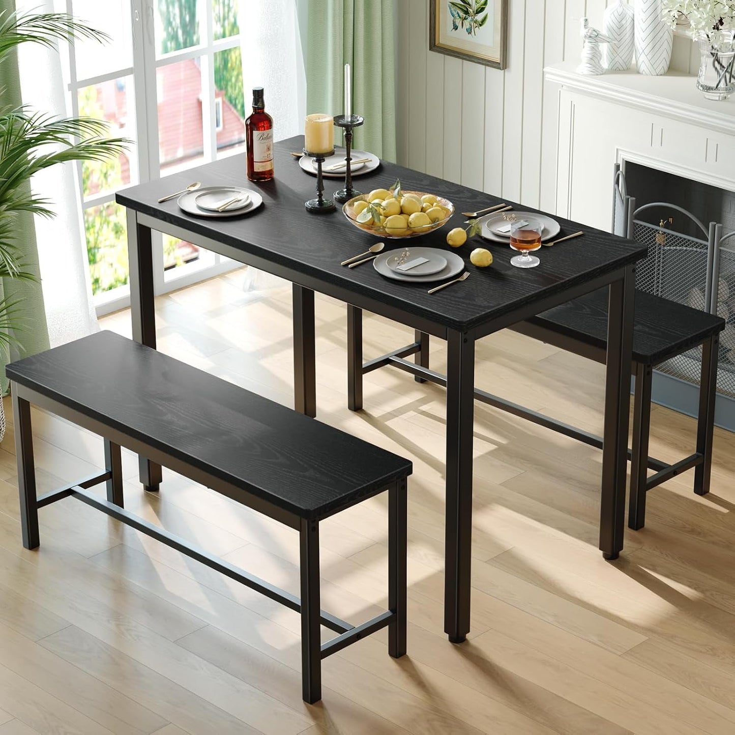 AENKYO Dining Table Set for 4, 3-Piece Kitchen Table with 2 Benches, Space-Saving Dining Room Set for Breakfast Nook and Small Spaces,Black