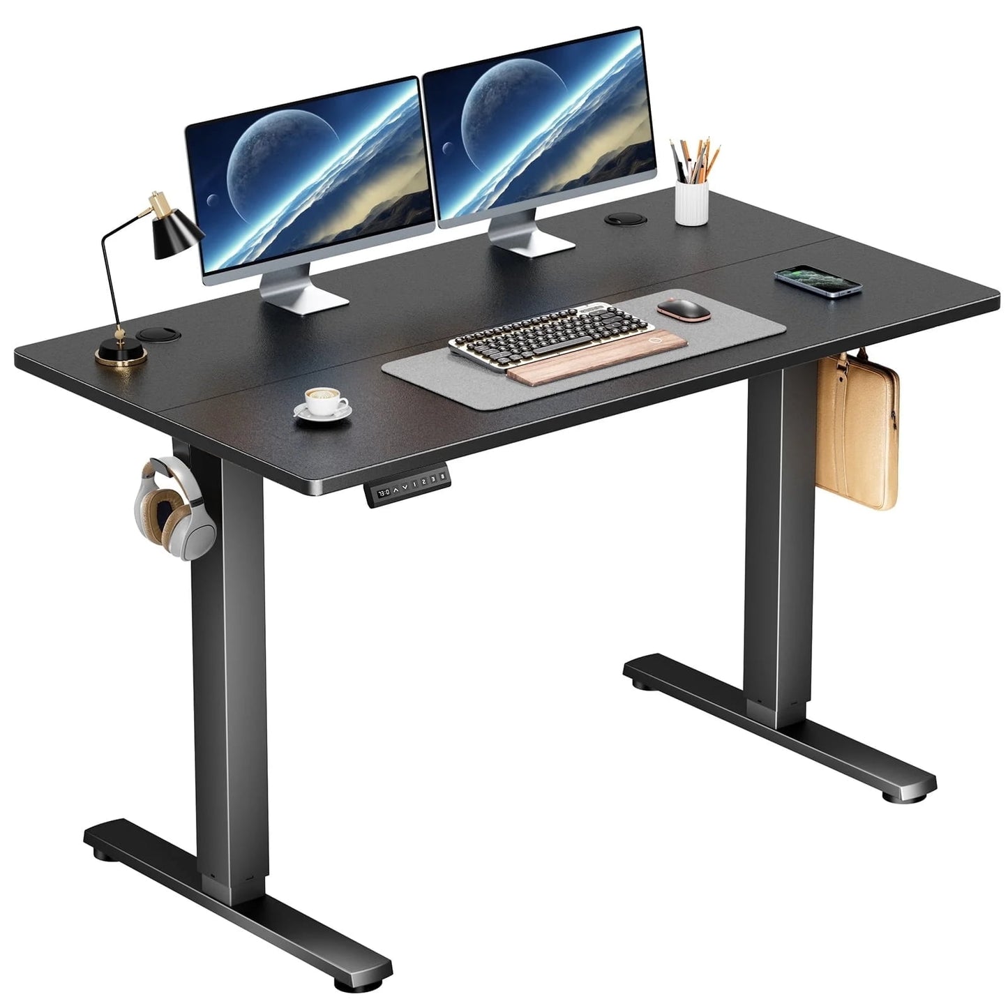 AENKYO Electric Height Adjustable Standing Desk with T-Shaped Metal Frame, Ergonomic Home Office Workstation for Computer, Modern Sit to Stand Desk,Black