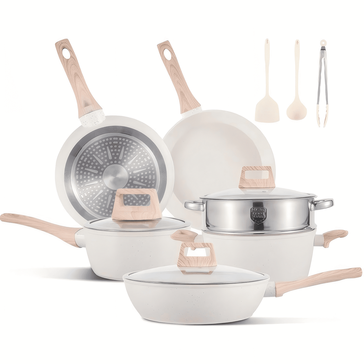 ALPULON 12 Pcs Pots and Pans Set, Granite Nonstick Cookware Sets, Kitchen Cooking Set with Detachable Handle, White