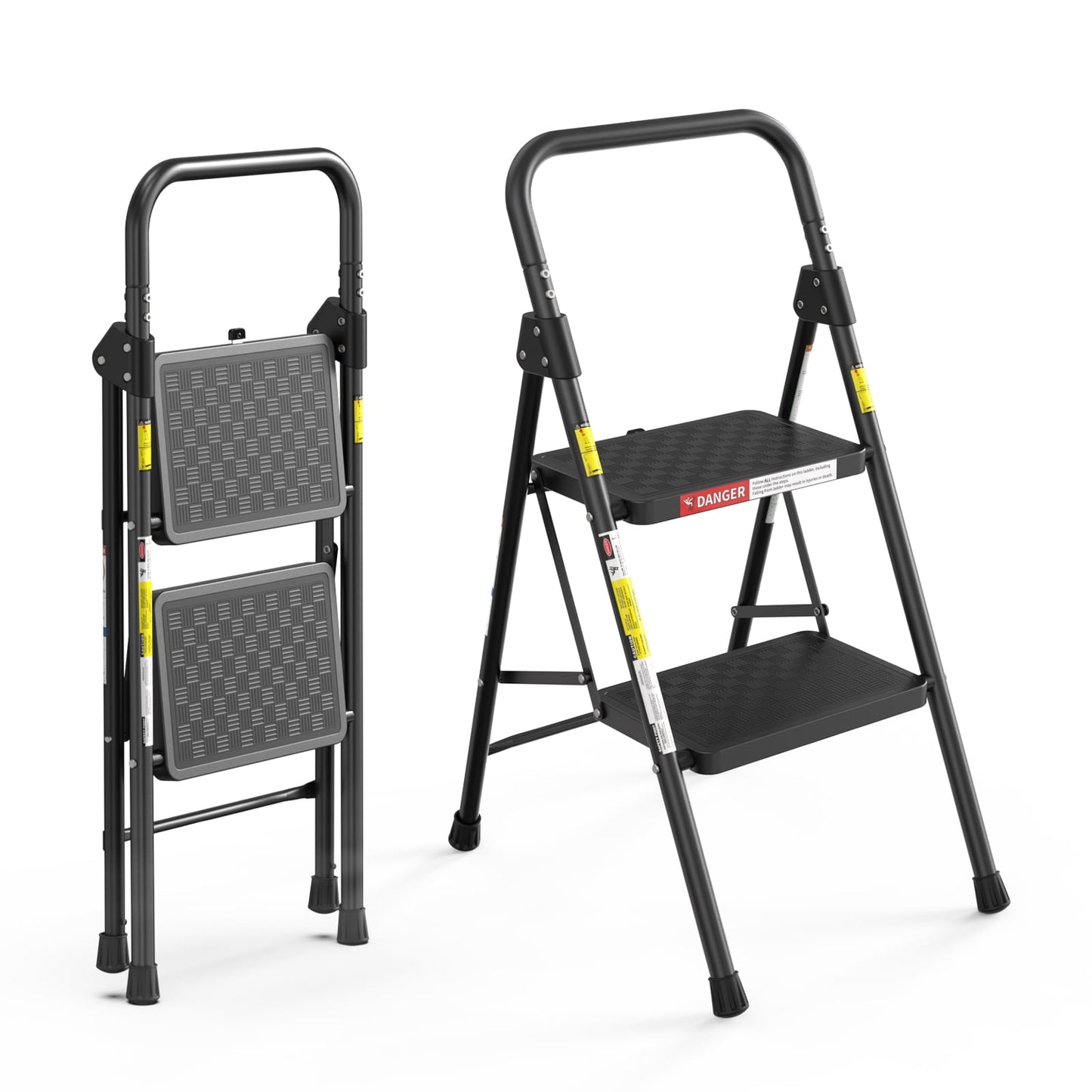 ASoopher 2 Step Ladder with Anti-Slip Pedal, Sturdy Steel Step Stool for Kitchen, Black