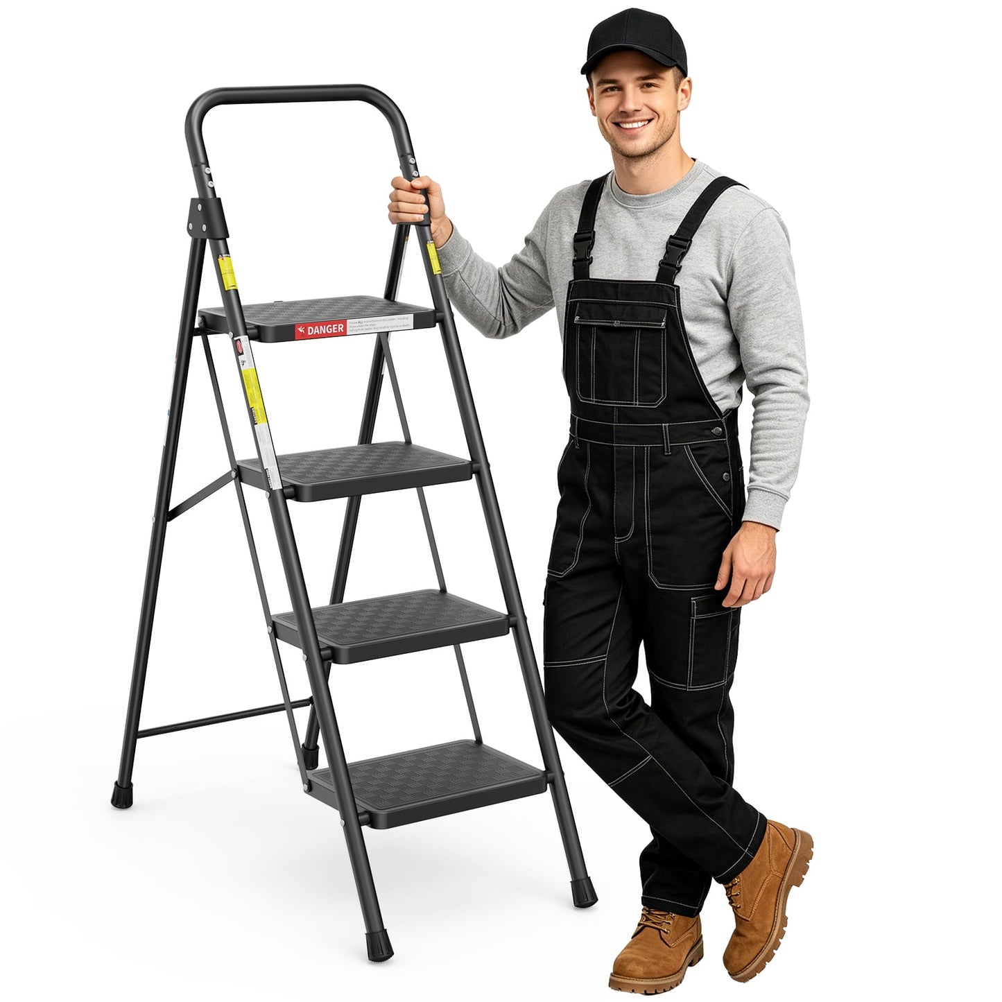 ASoopher 4 Step Ladder with Anti-Slip Pedal, Sturdy Steel Ladder, Black