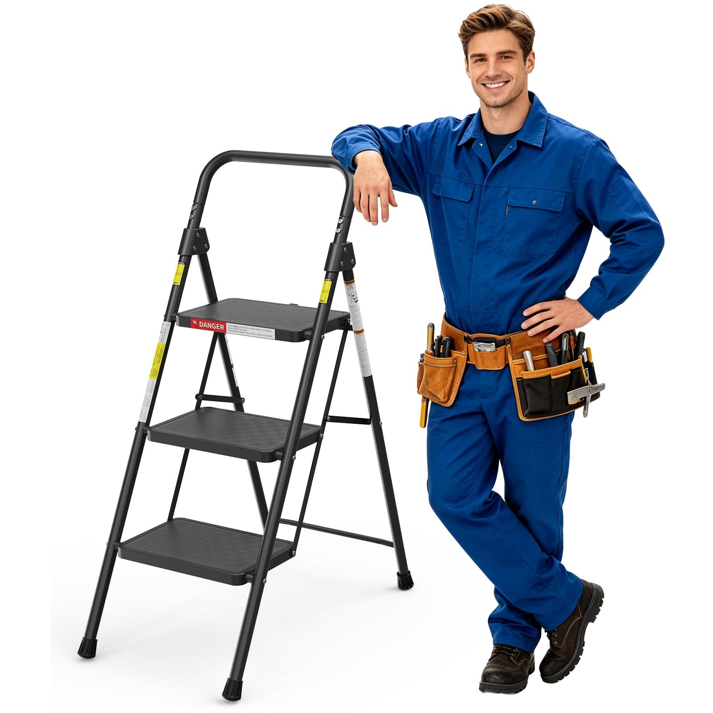 ASoopher Folding 3 Step Ladder, Heavy Sturdy Steel Portable 3 Step Stool with Handrail, Safe-Lock Design, For Kitchen, Garage & Outdoor Use, Black