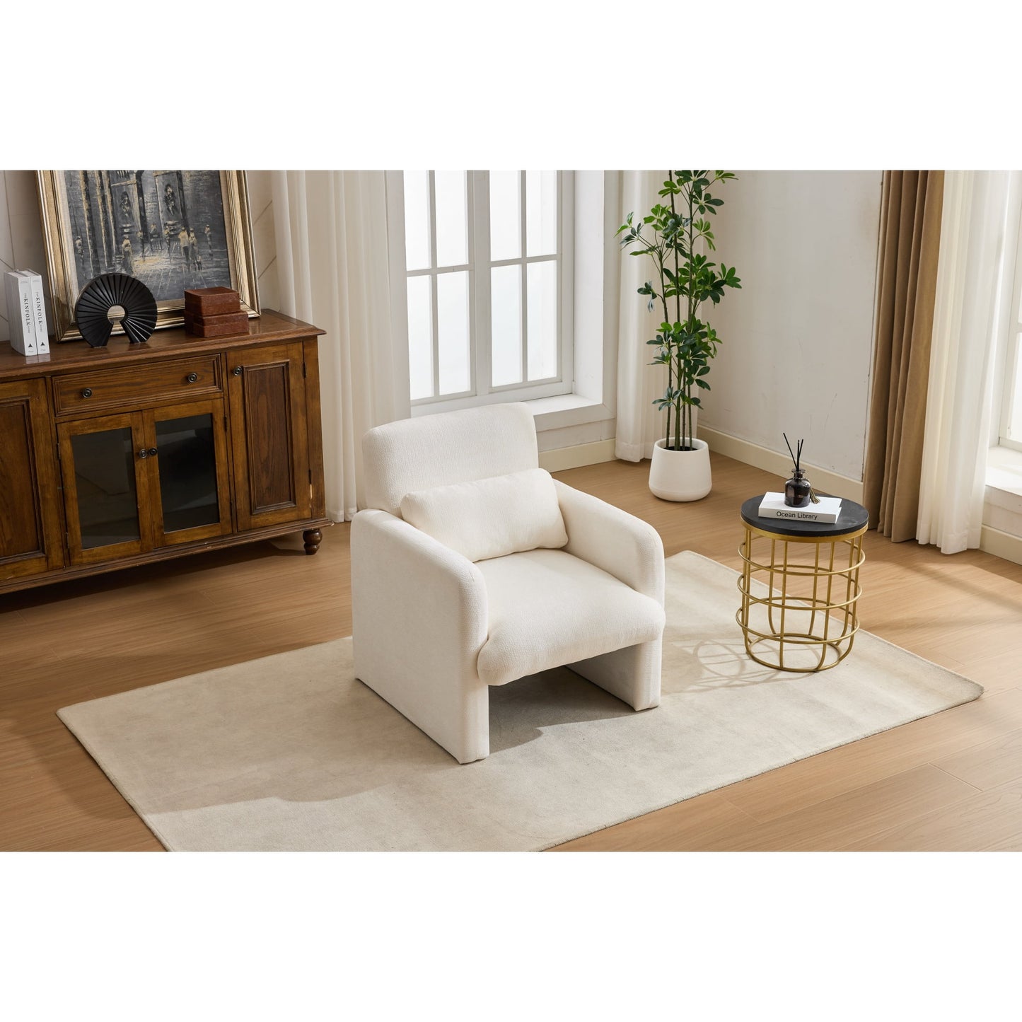 Accent Chair, Armchair, Chenille Chair Modern Upholstered Fabric Accent Armchair with Solid Wood Frame for Living Room, Bedroom, Apartment, Ancient White