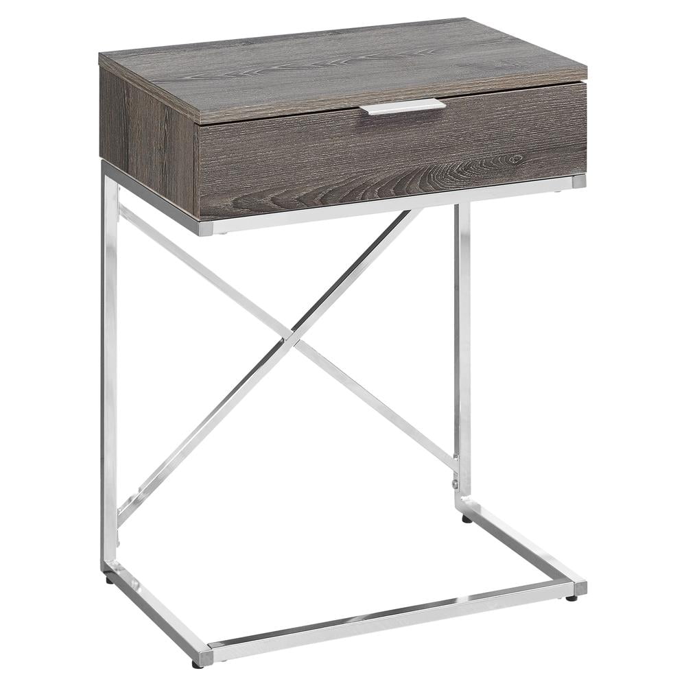 ACCENT END TABLE - 24"H / DARK TAUPE / CHROME METAL WITH DRAWER