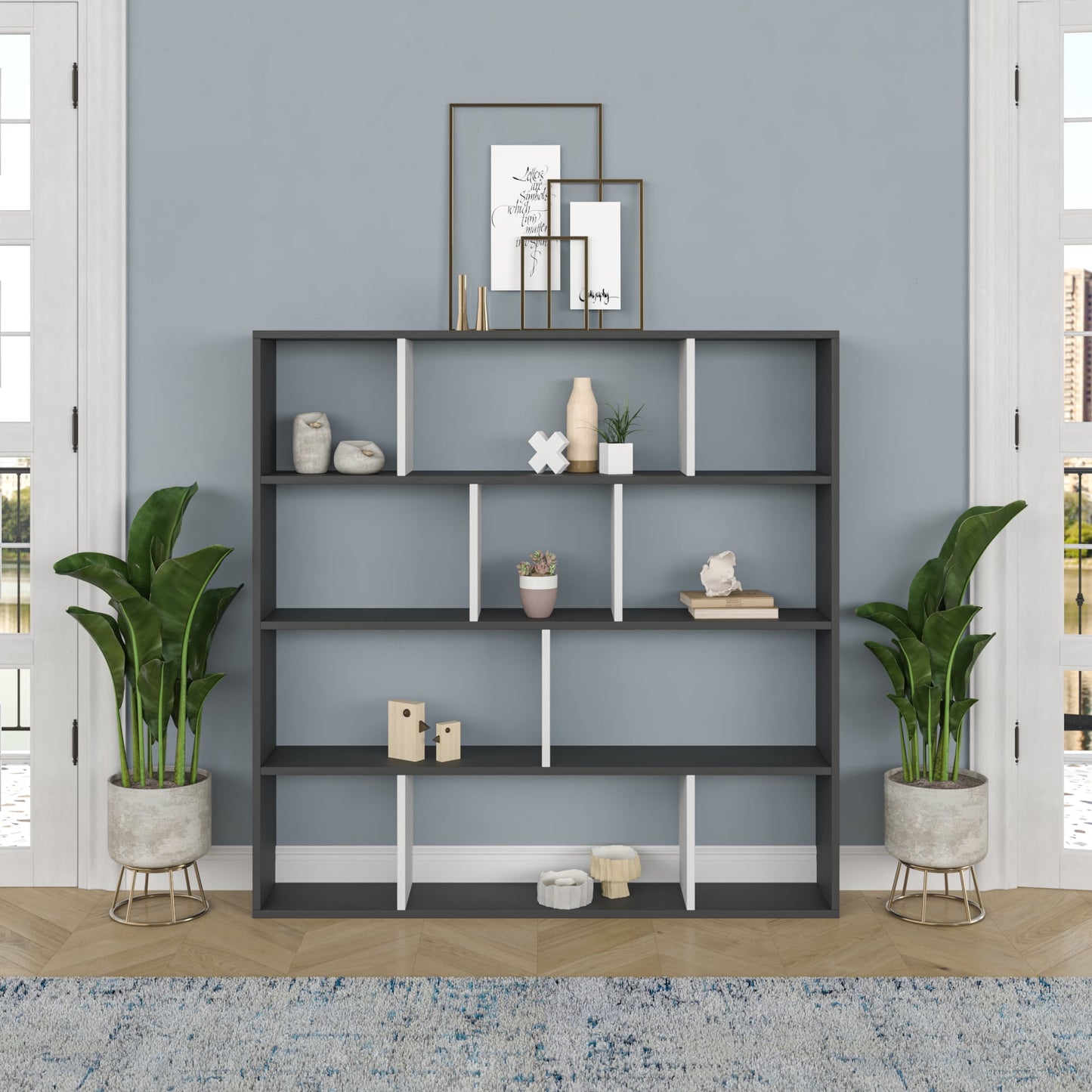 Ada Home Decor Hobdi 4 Tier Open Shelf Cube Modern Bookcase, Anthracite/White