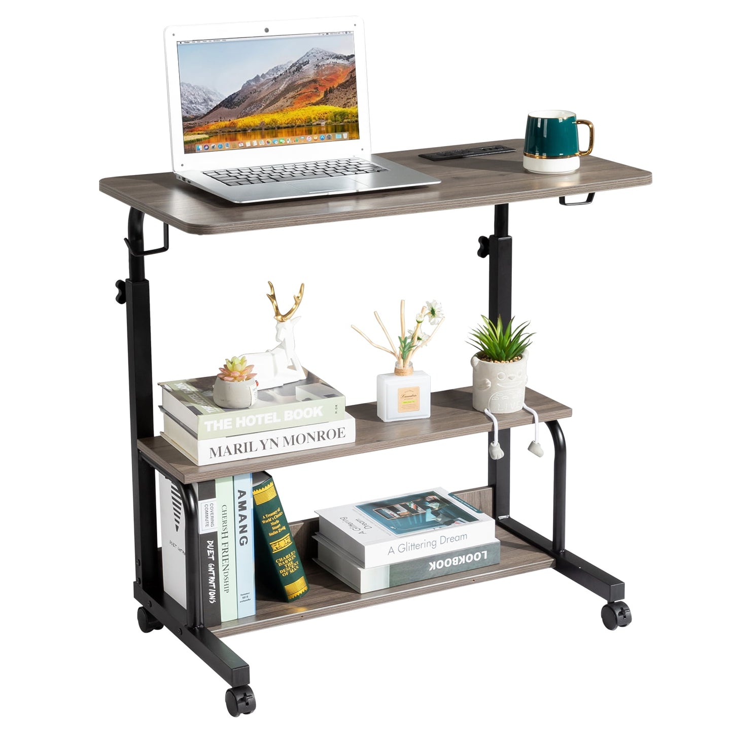 Adjustable Computer Desk with 3 USB + 2 AC Outlets, Grey Oak P2 15MM Particle Board with Melamine Coating