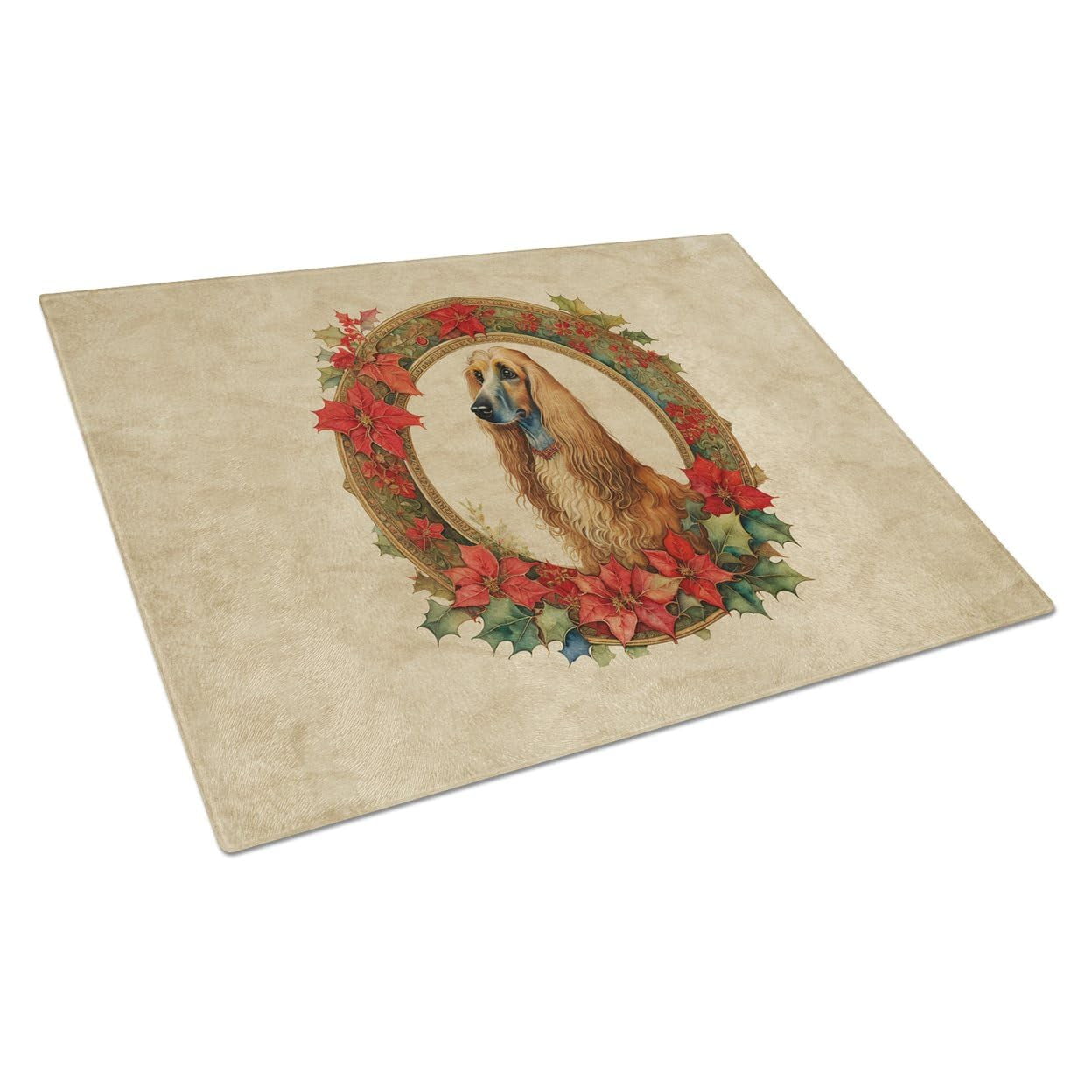 Afghan Hound Christmas Flowers Glass Cutting Board 12 in x 15 in