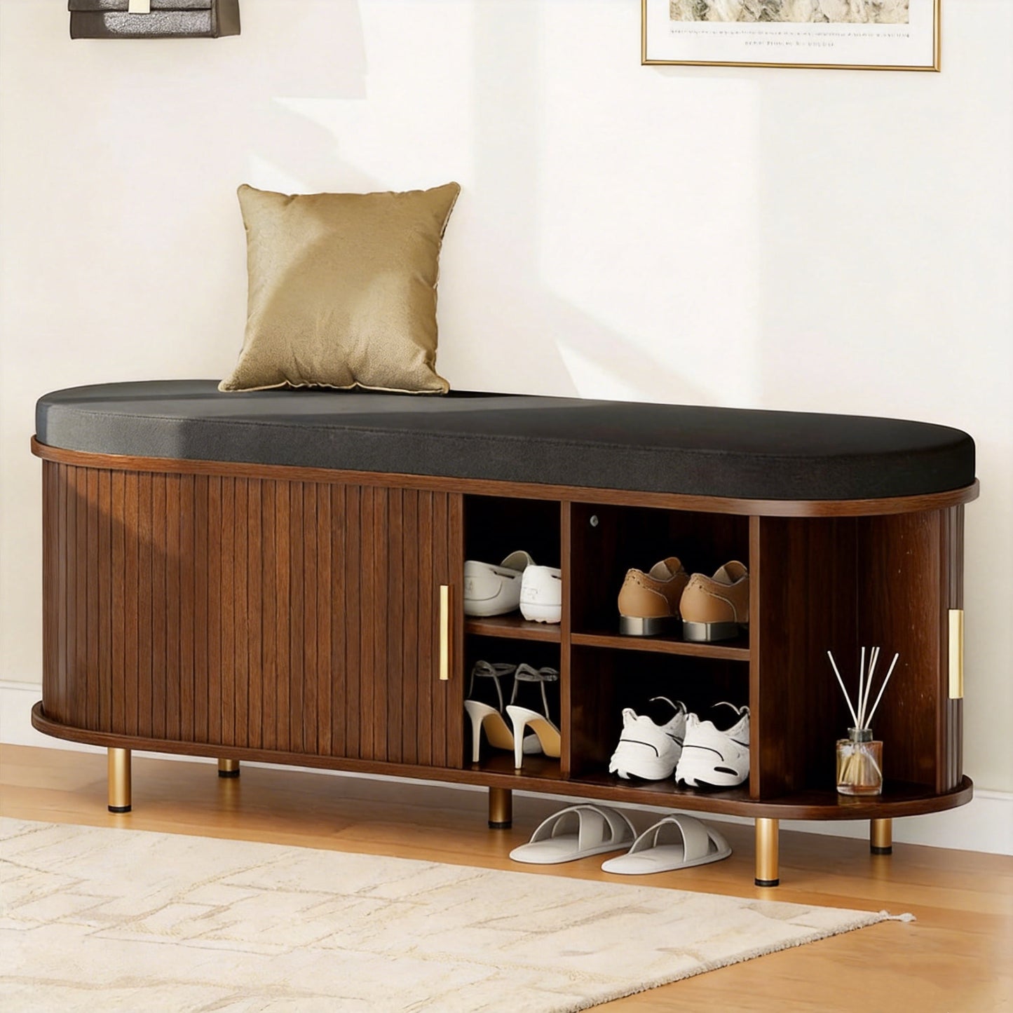 Aisword 2-Tier Shoe Bench Storage with Sliding Door, Padded Cushion, Adjustable Shelf, Walnut