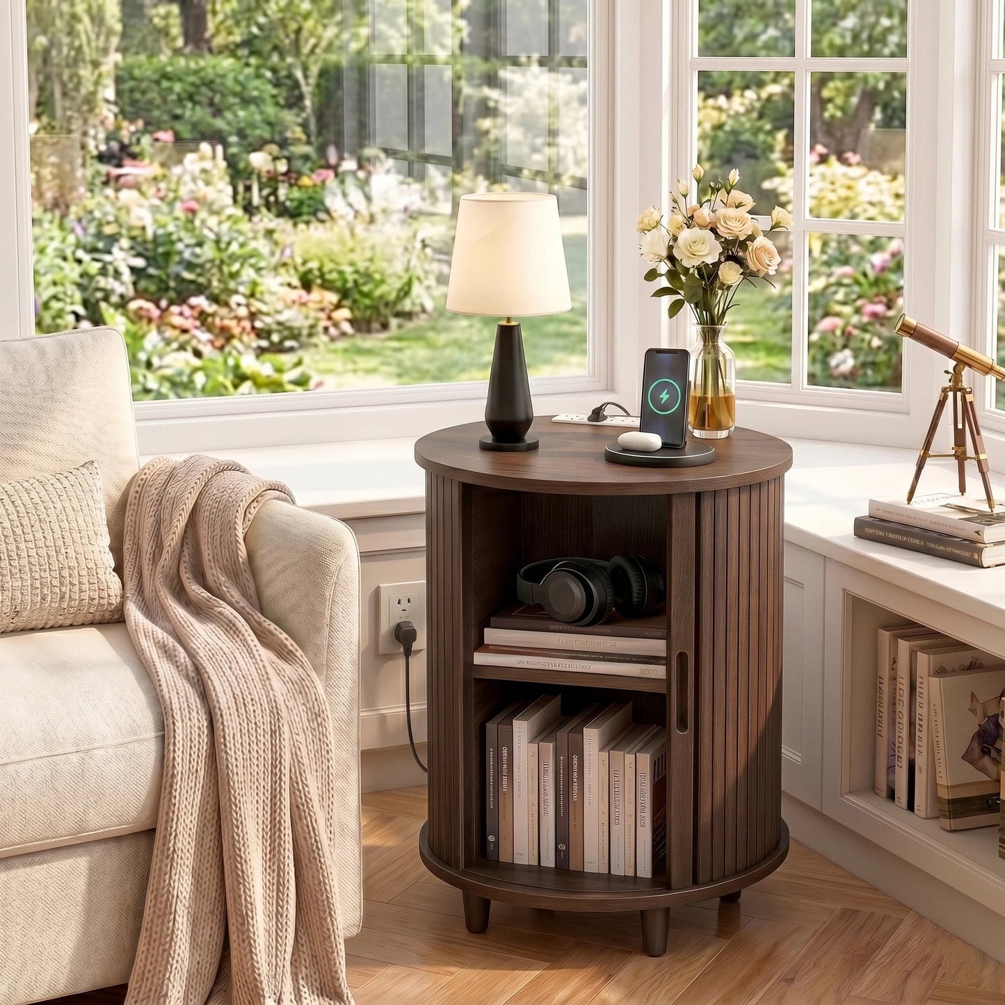 AISWORD Round End Table with Charging Station, Fluted Accent Side Table with Sliding Door and Adjustable Shelf, Nightstand for Small Space, Brown