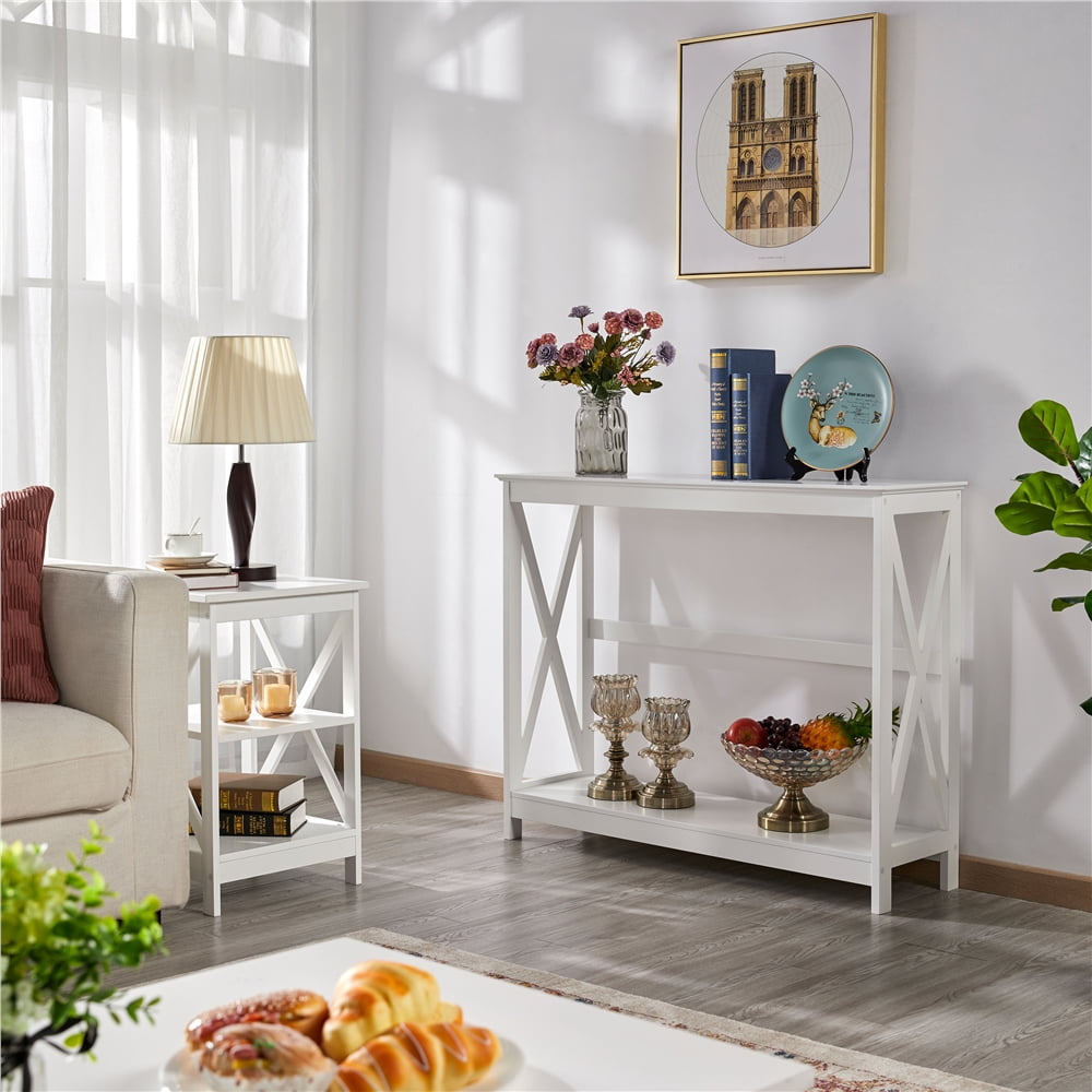Alden Design 2-Tier X-Design Wood Console Table with Shelf for Entryway Living Room, Black