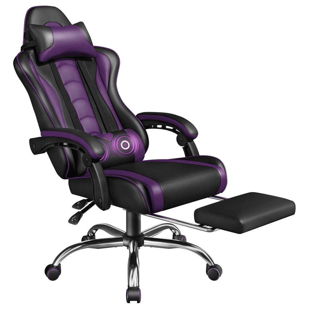 Alden Design High Back Reclining Ergonomic Gaming Chair with Slide Out Footrest, Black/Purple