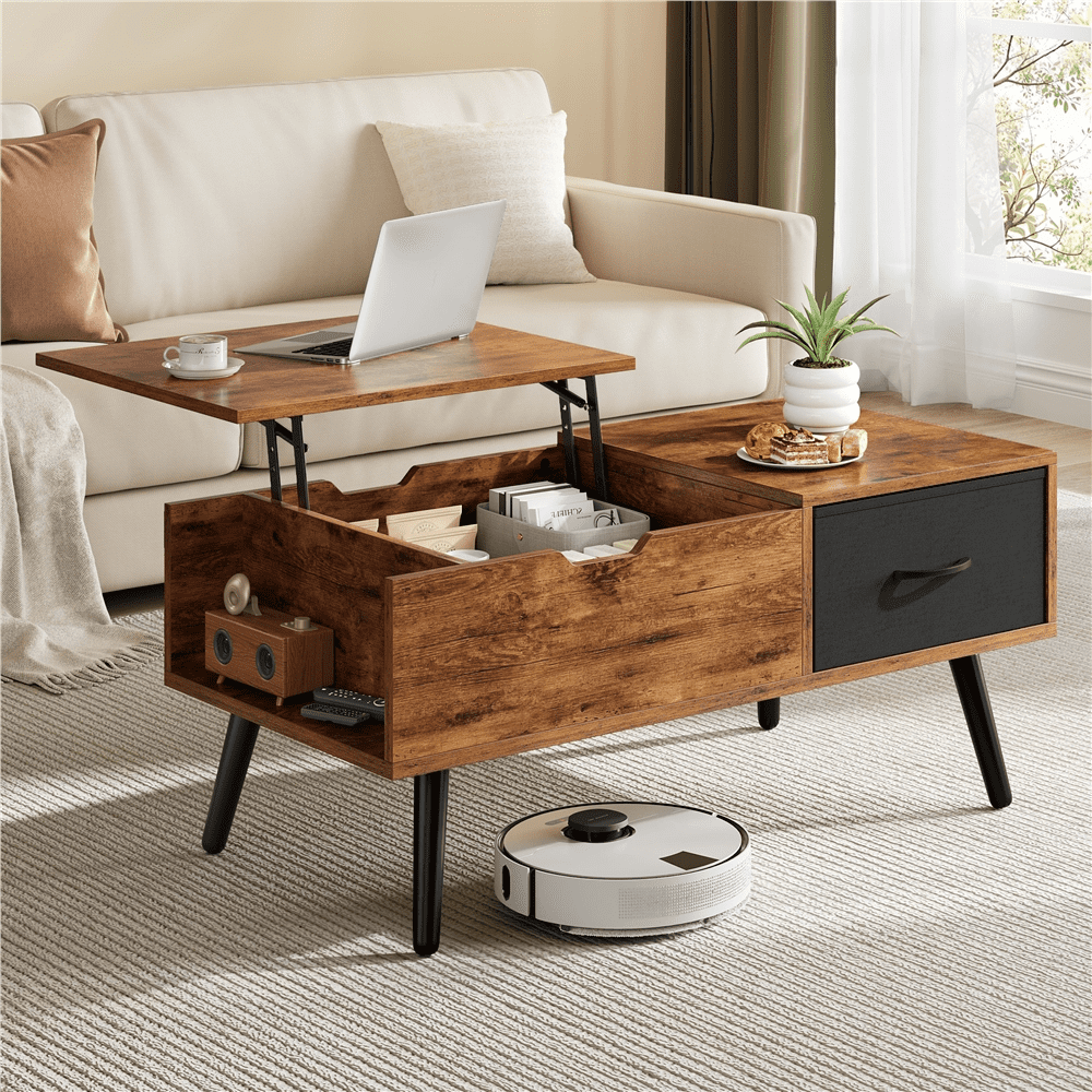 Alden Design Lift Top Coffee Table with Hidden Compartment & 2 Open Storage, Rustic Brown