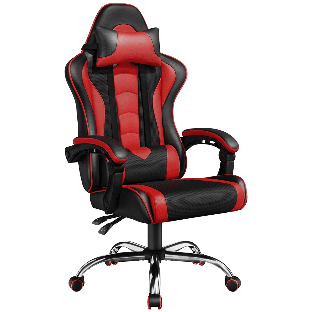 Alden Design PU Leather Ergonomic Gaming Chair with Removable Head Pillow, Black/Red