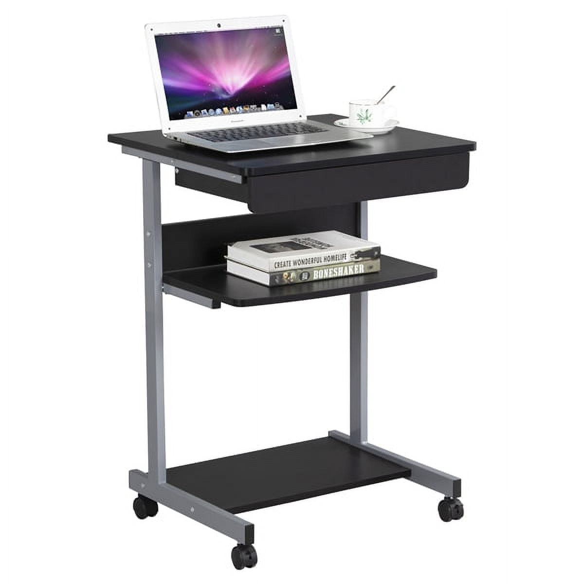 Alden Design Rolling Computer Desk with 2 Storage Shelves and Drawer, Black