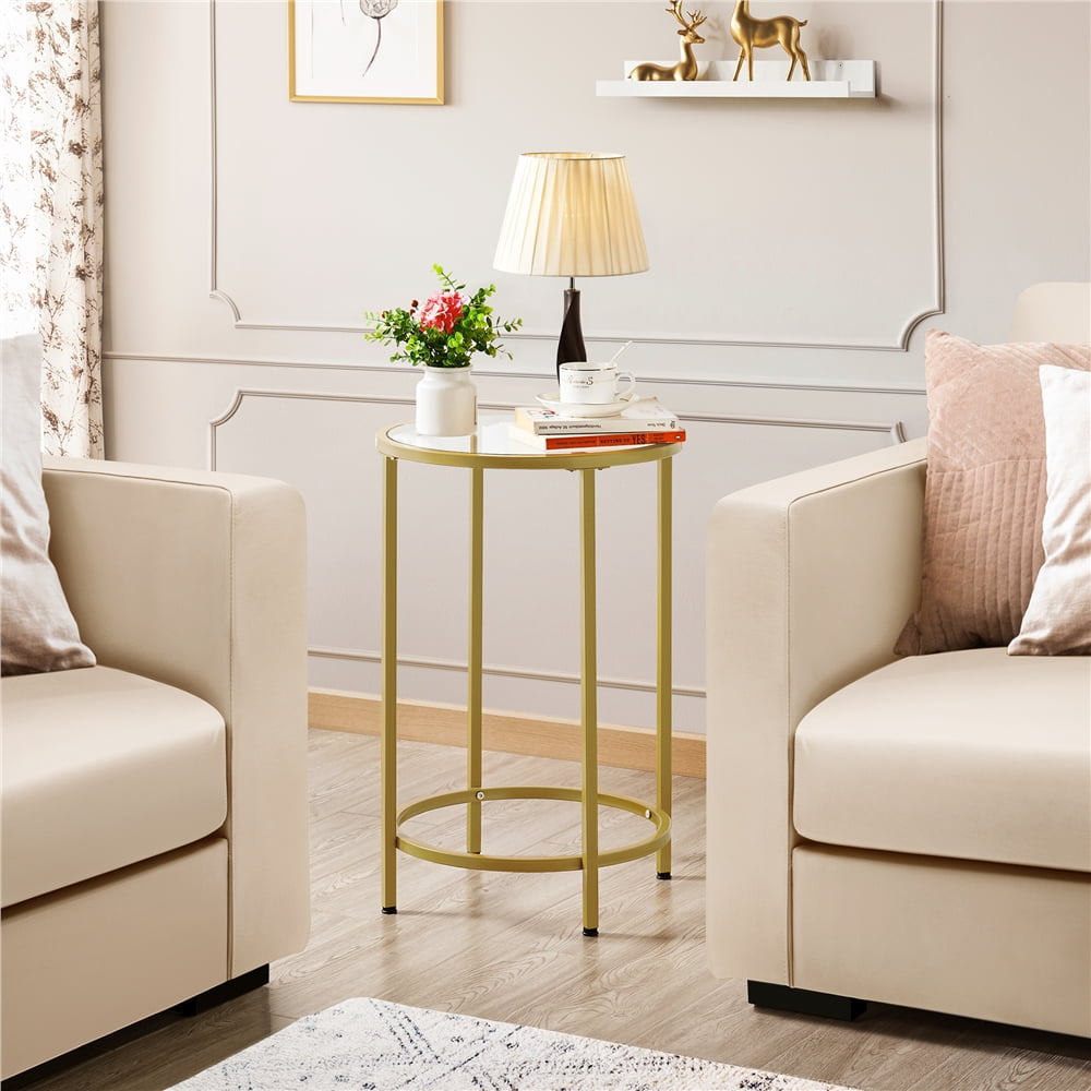 Alden Design Mesa Auxiliar Redonda de Metal con Tapa de Vidrio para Sala de Estar, Dorado