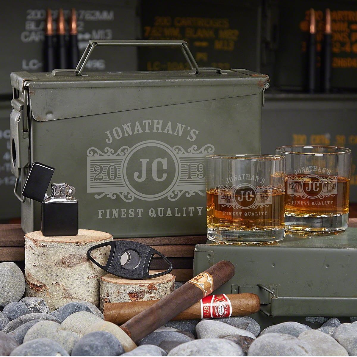 All the Vices Custom Marquee Ammo Box and Whiskey Glasses Gift Set