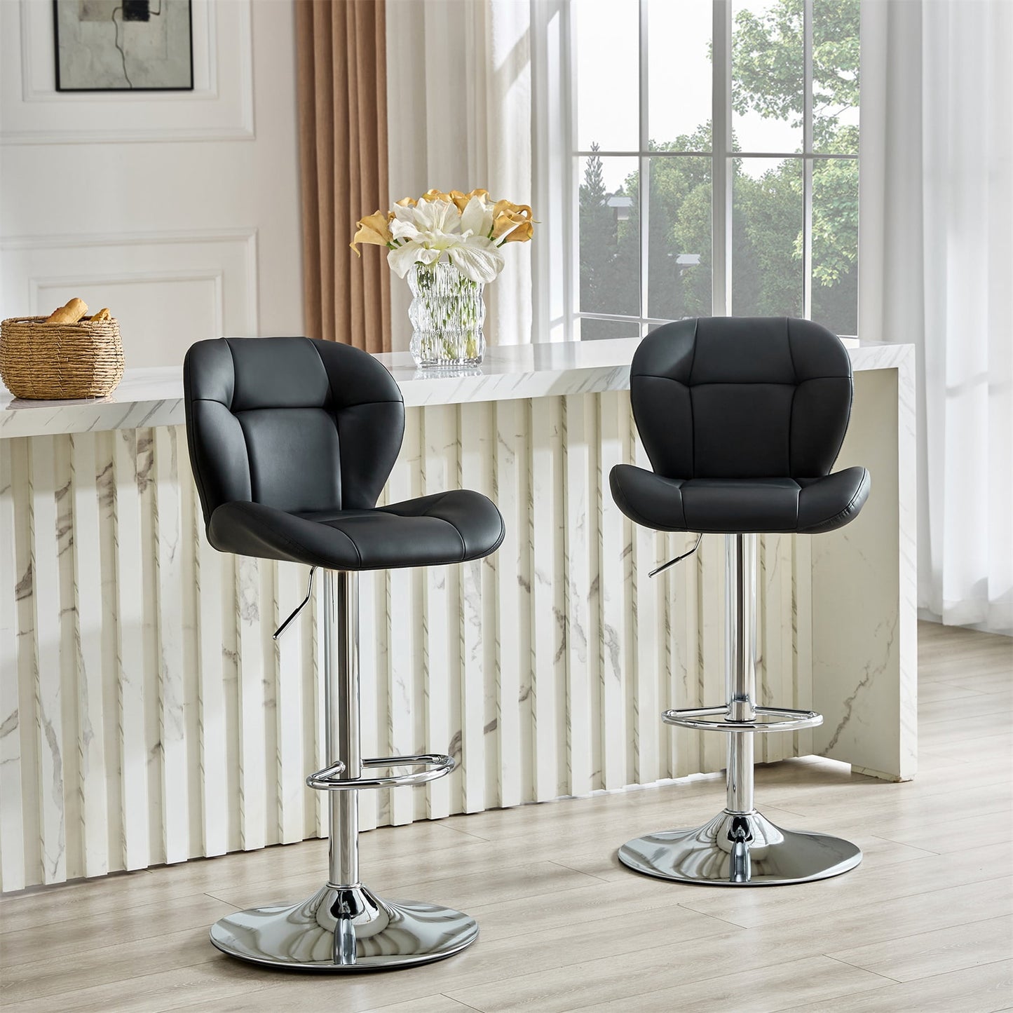 Alvantor Adjustable Bar Stools Set of 2 Modern Leather Swivel Bar Stools Counter Height Bar Chairs for Kitchen Island Black