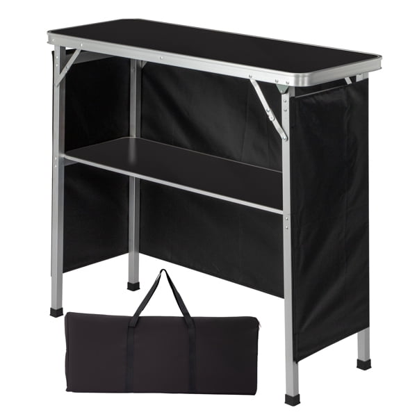 Alvantor Folding Table with Shelf, Portable Trade Show Podium Counter with Black Skirt and Carrying Bag for Events Parties Exhibitions