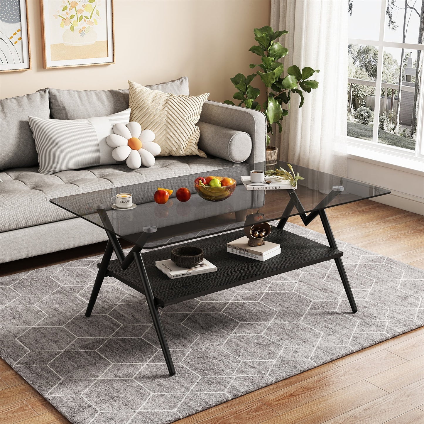 Alvantor Glass Coffee Table, 38.6" Modern Coffee Table with Tempered Glass Top and Metal Legs for Living Room Black
